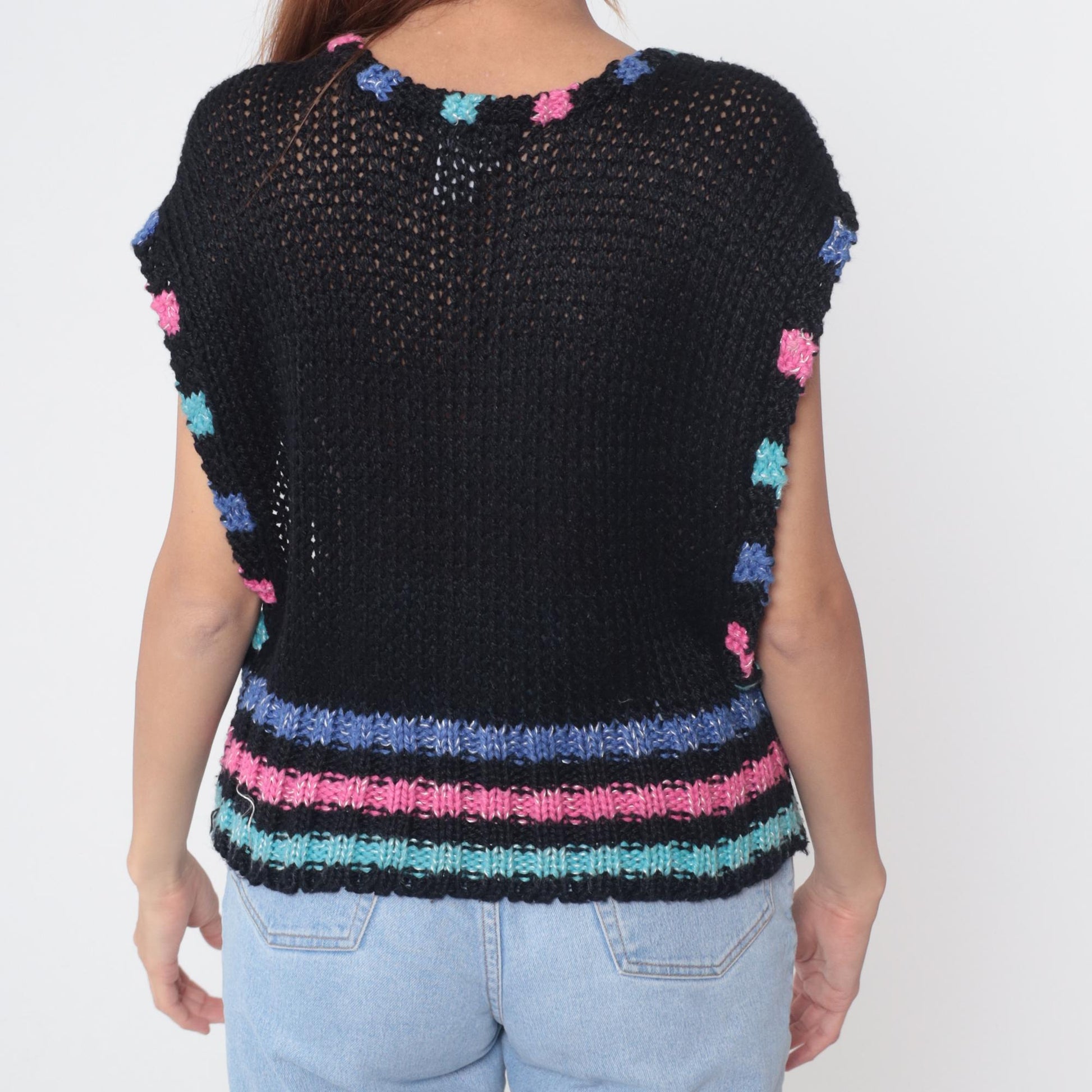 80s Sheridan Unique Knit Sweater Vest Black Floral Hot Pink Electric Blue Medium M
