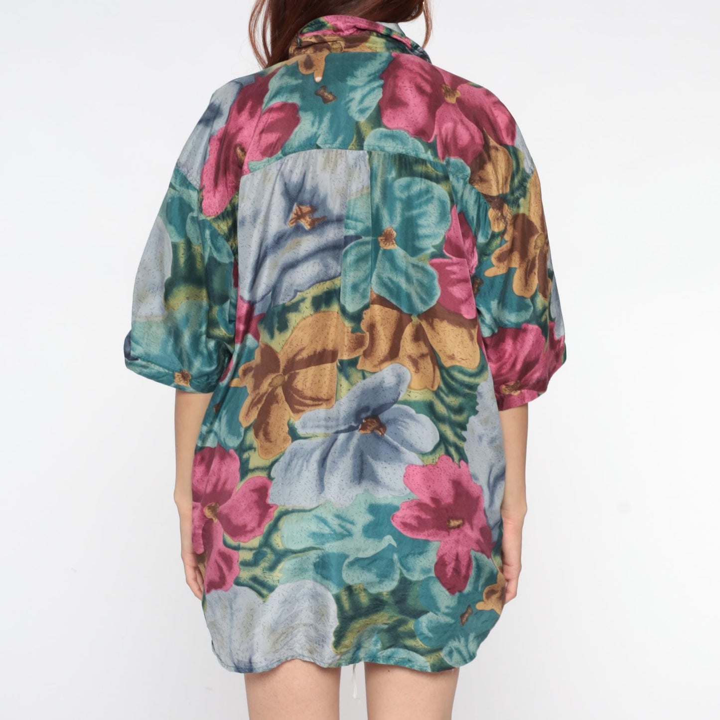 90s Silk Hawaiian Shirt Floral Print Teal Pink Blue Gold Extra Large XL