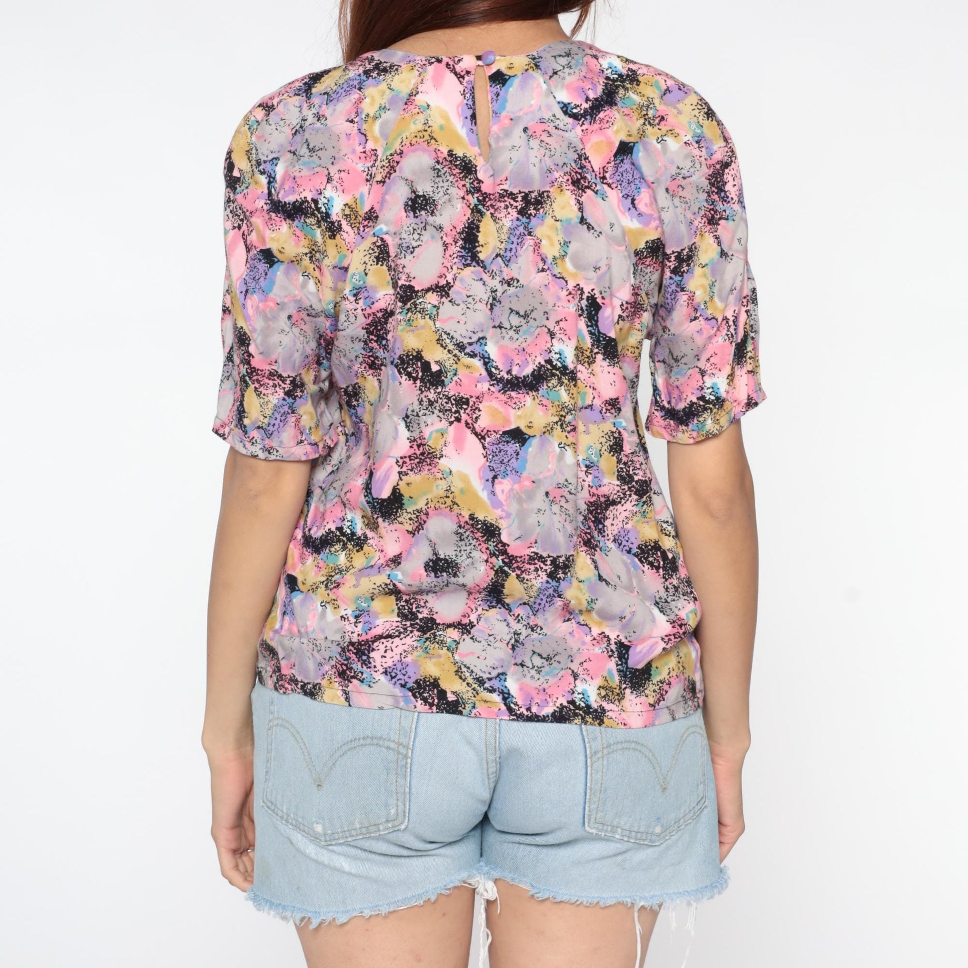 90s Floral Rayon Top Pastel Watercolor Print Scoop Neck Short Sleeve Small
