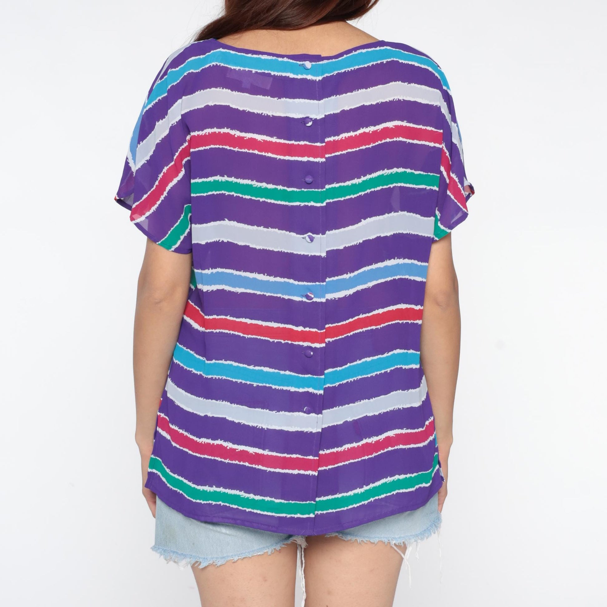 80s Purple Striped Tunic Cutout Back Geometric Short Sleeve Medium