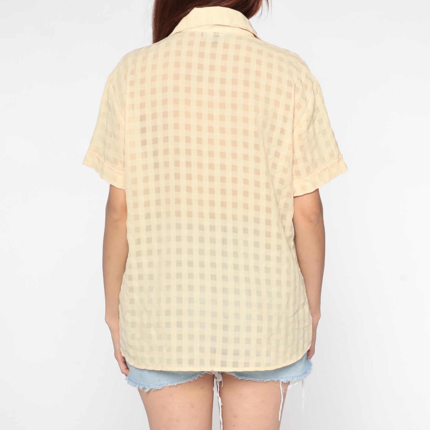 90s Denis Battochio Cream Gingham Button-Up Shirt Short Sleeve Medium M