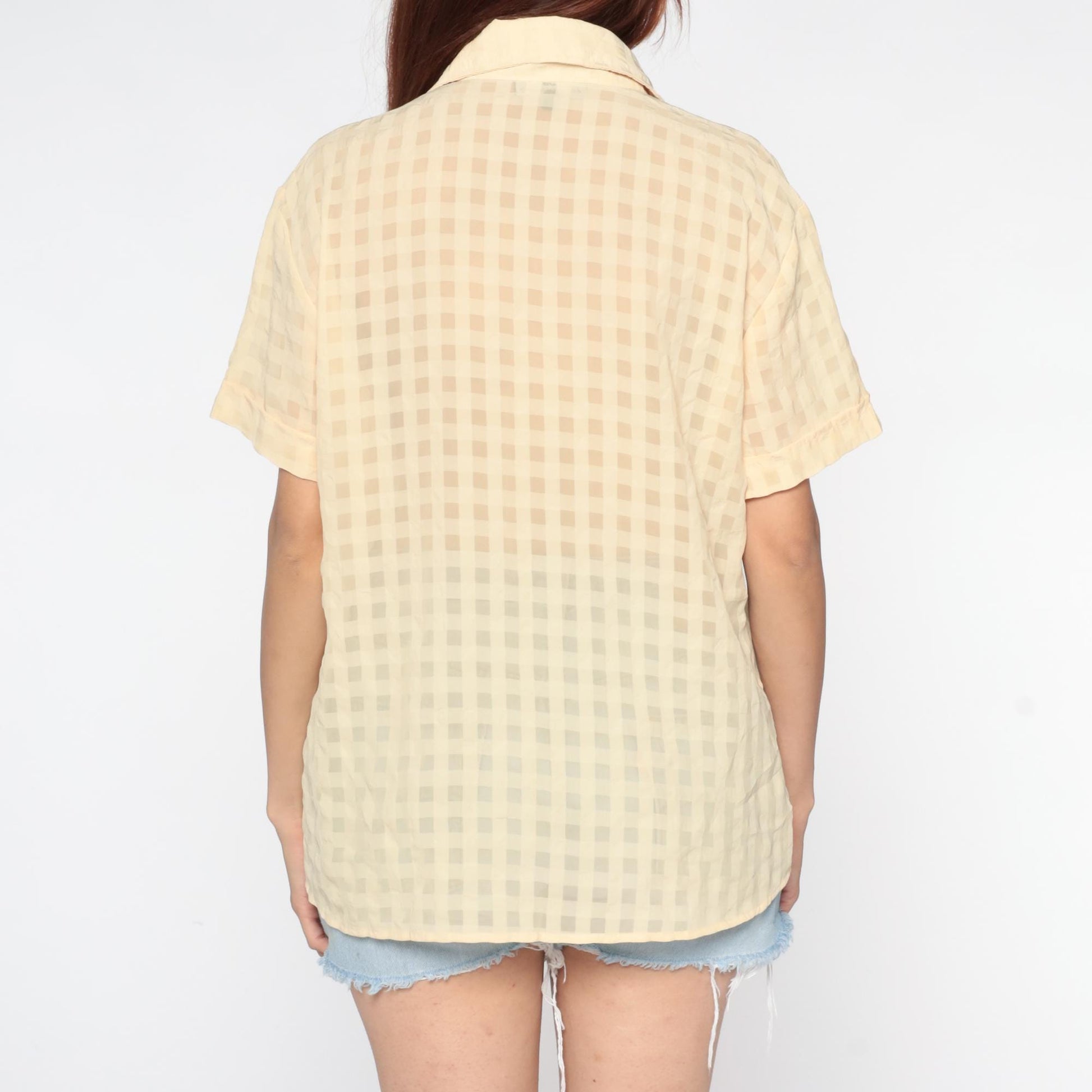 90s Denis Battochio Cream Gingham Button-Up Shirt Short Sleeve Medium M