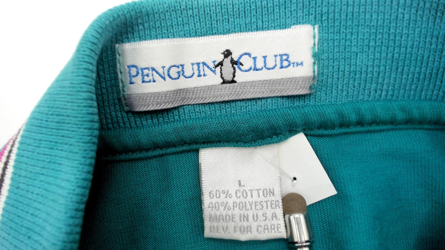 80s Penguin Striped Polo Shirt White Teal Purple Gold Quarter Button Medium