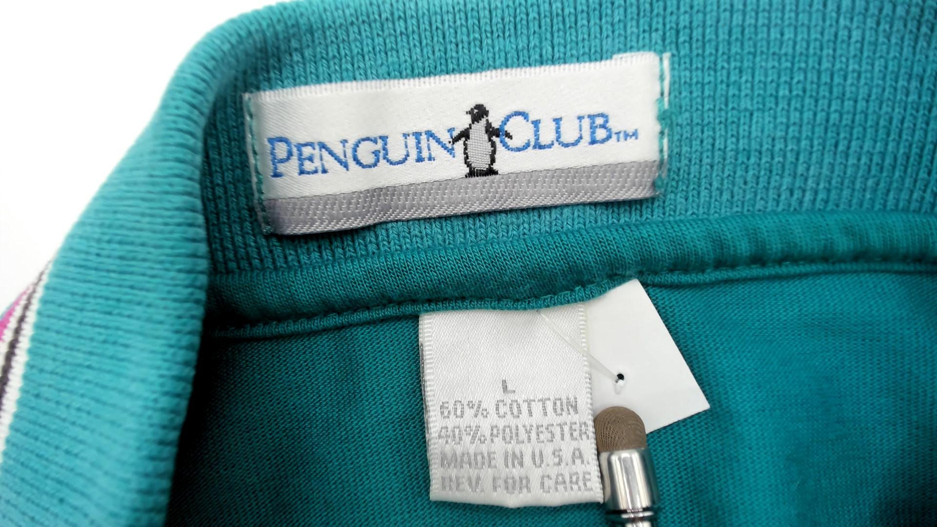 80s Penguin Striped Polo Shirt White Teal Purple Gold Quarter Button Medium
