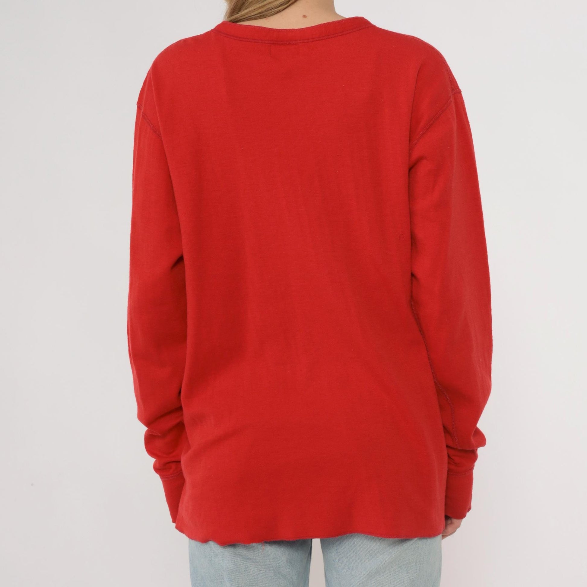 80s LL Bean Red Henley Shirt Cotton Blend Long Sleeve Medium