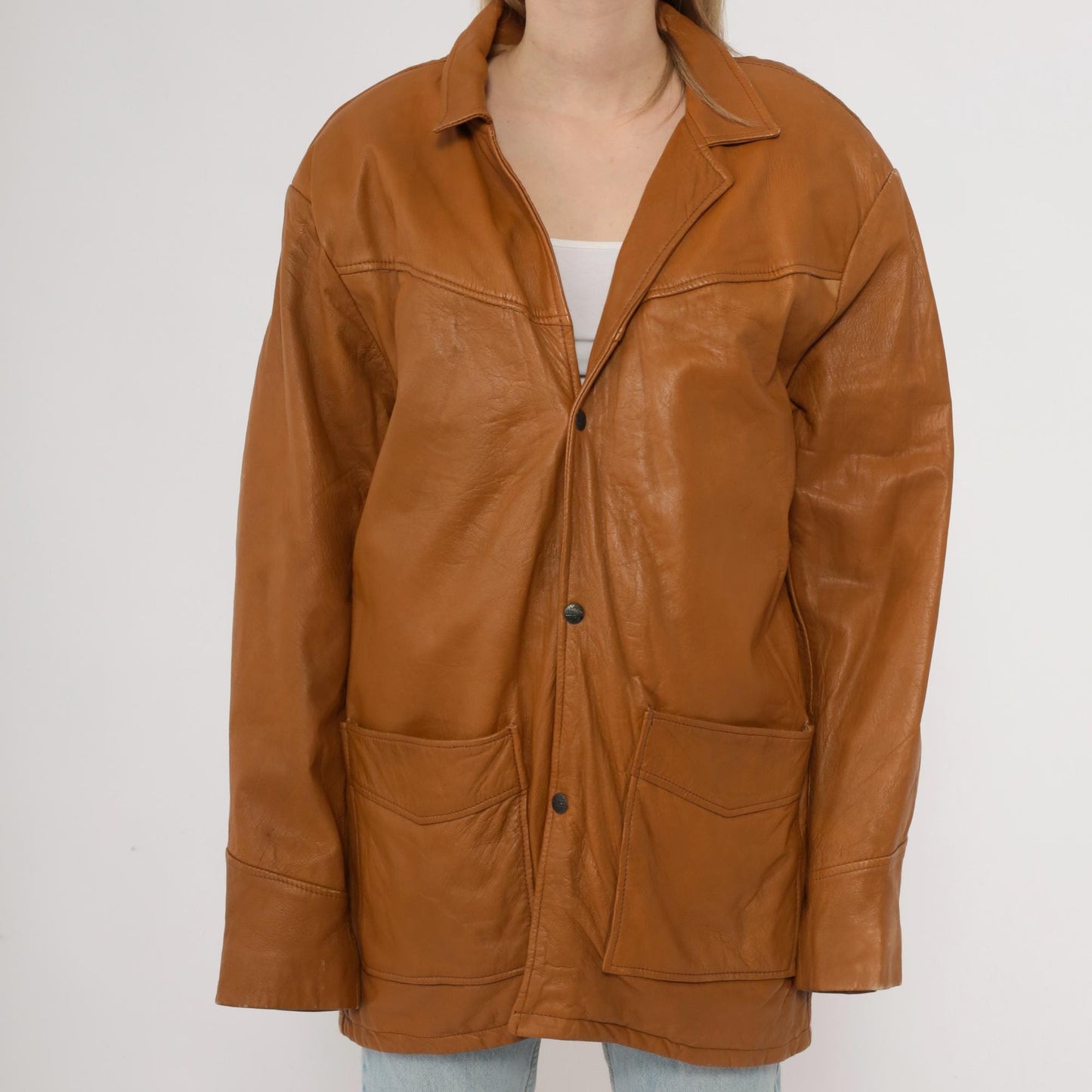 80s Camel Leather Blazer Button Front Patch Pockets Long Sleeve Large L