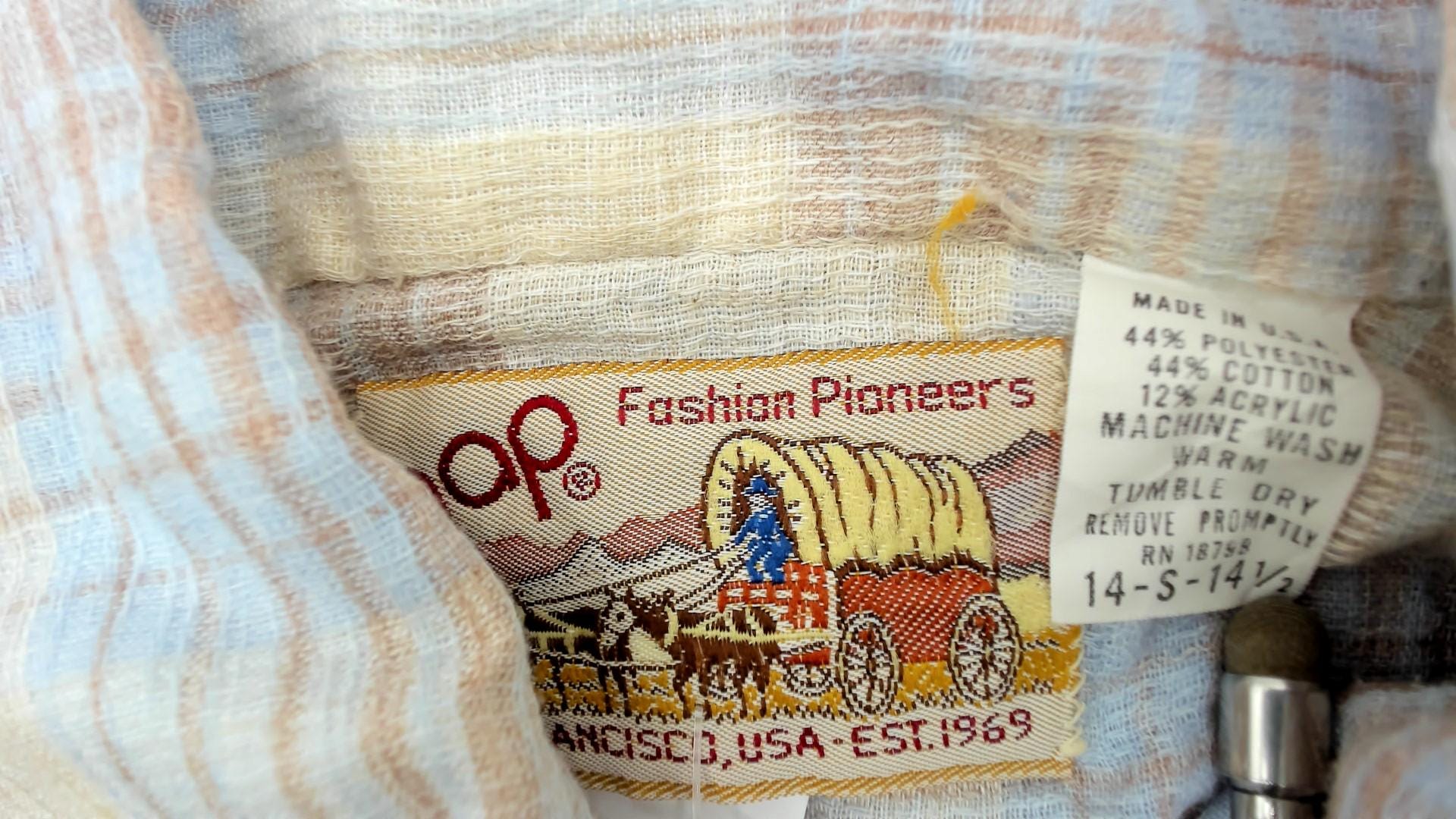 80s Gap Western Pearl Snap Shirt Cream Blue Gingham Plaid Medium