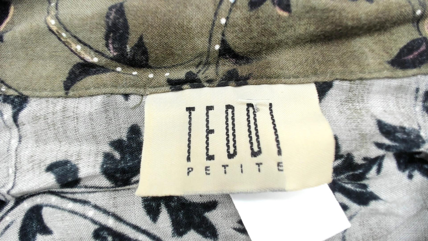 90s Teddi Petites Olive Green Rayon Botanical Floral Button Shirt Medium
