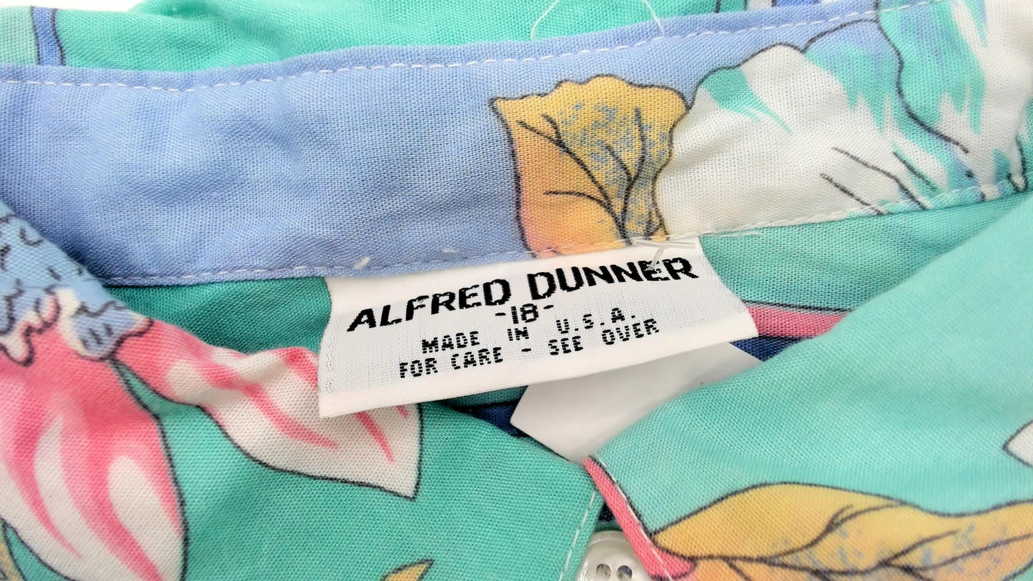 80s Alfred Dunner Tropical Floral Geometric Button Up Shirt Blue Teal Extra Large XL