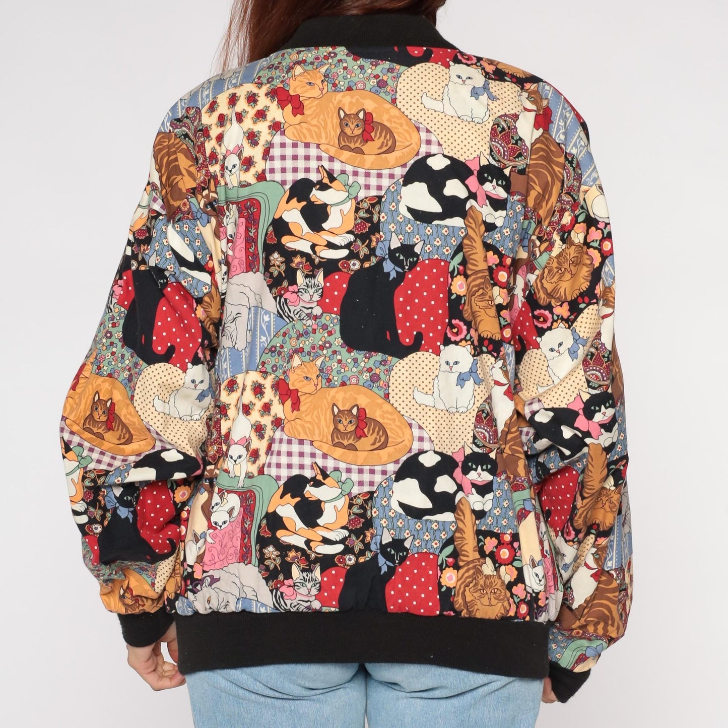 90s Infinity Chic Reversible Bomber Jacket Cat Farm Print Cotton