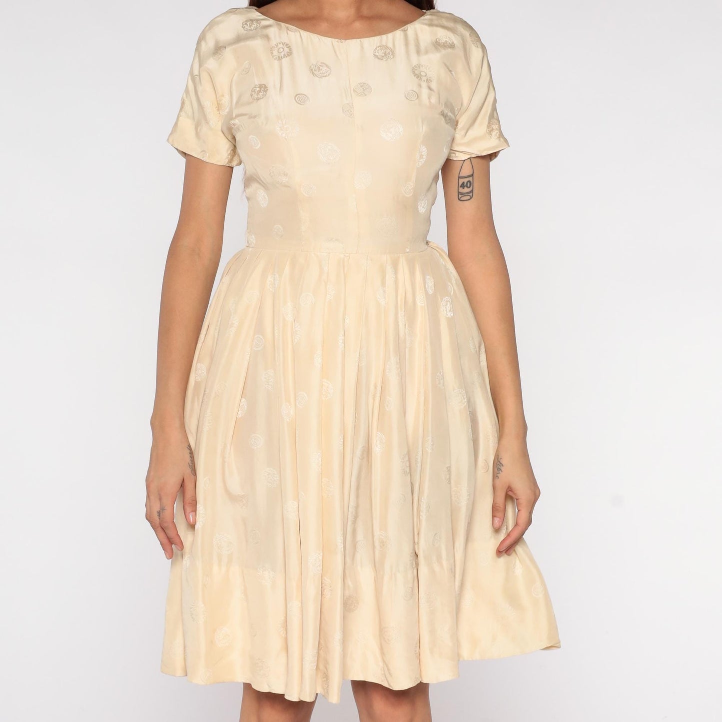 60s Cream Embroidered Floral Dress Short Sleeve Fit Flare Midi Extra Small XS