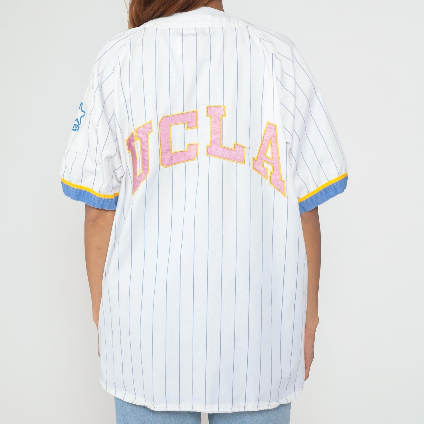 90s UCLA Bruins Baseball Jersey Starter White Pinstripe Button Front Extra Large XL