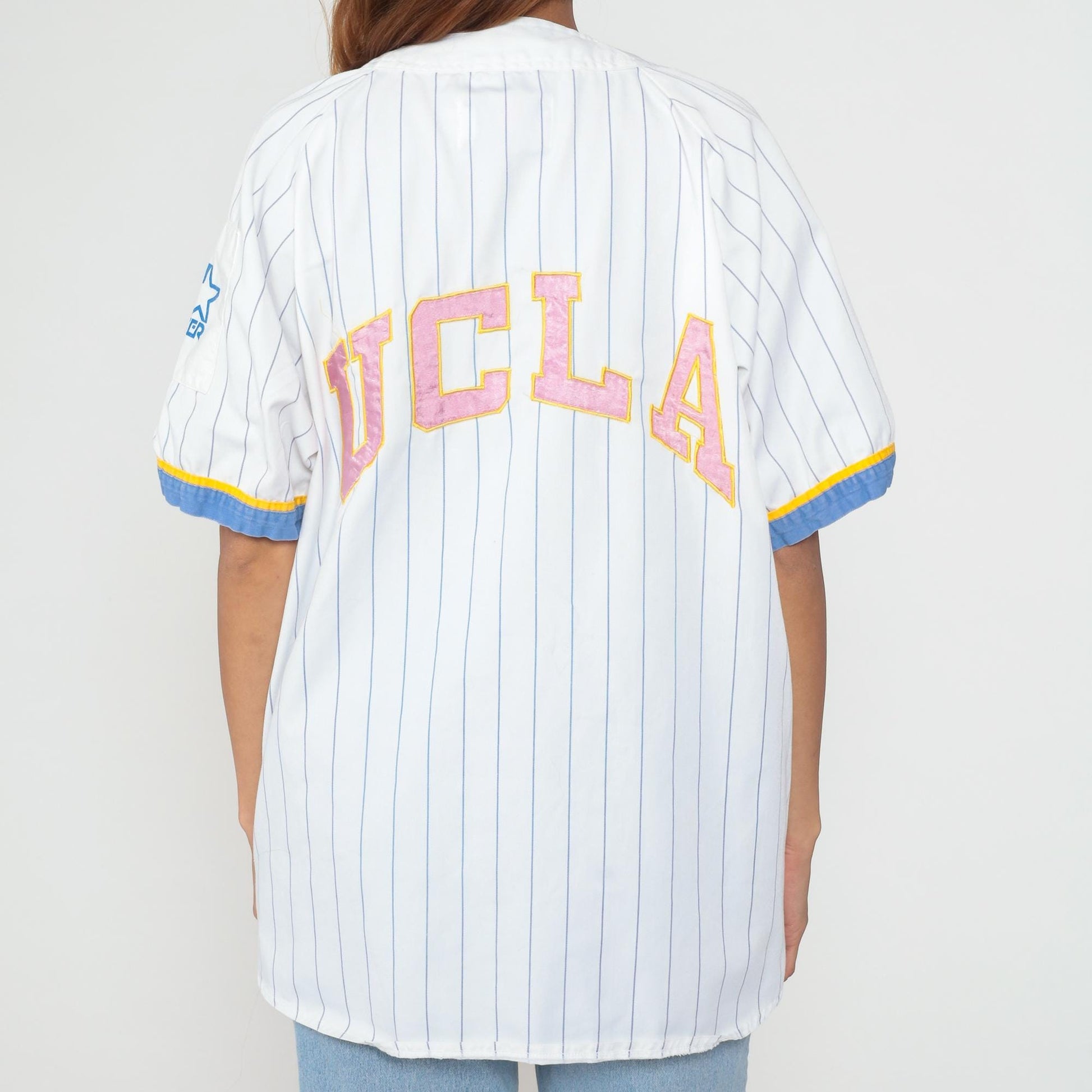 90s UCLA Bruins Baseball Jersey Starter White Pinstripe Button Front Extra Large XL