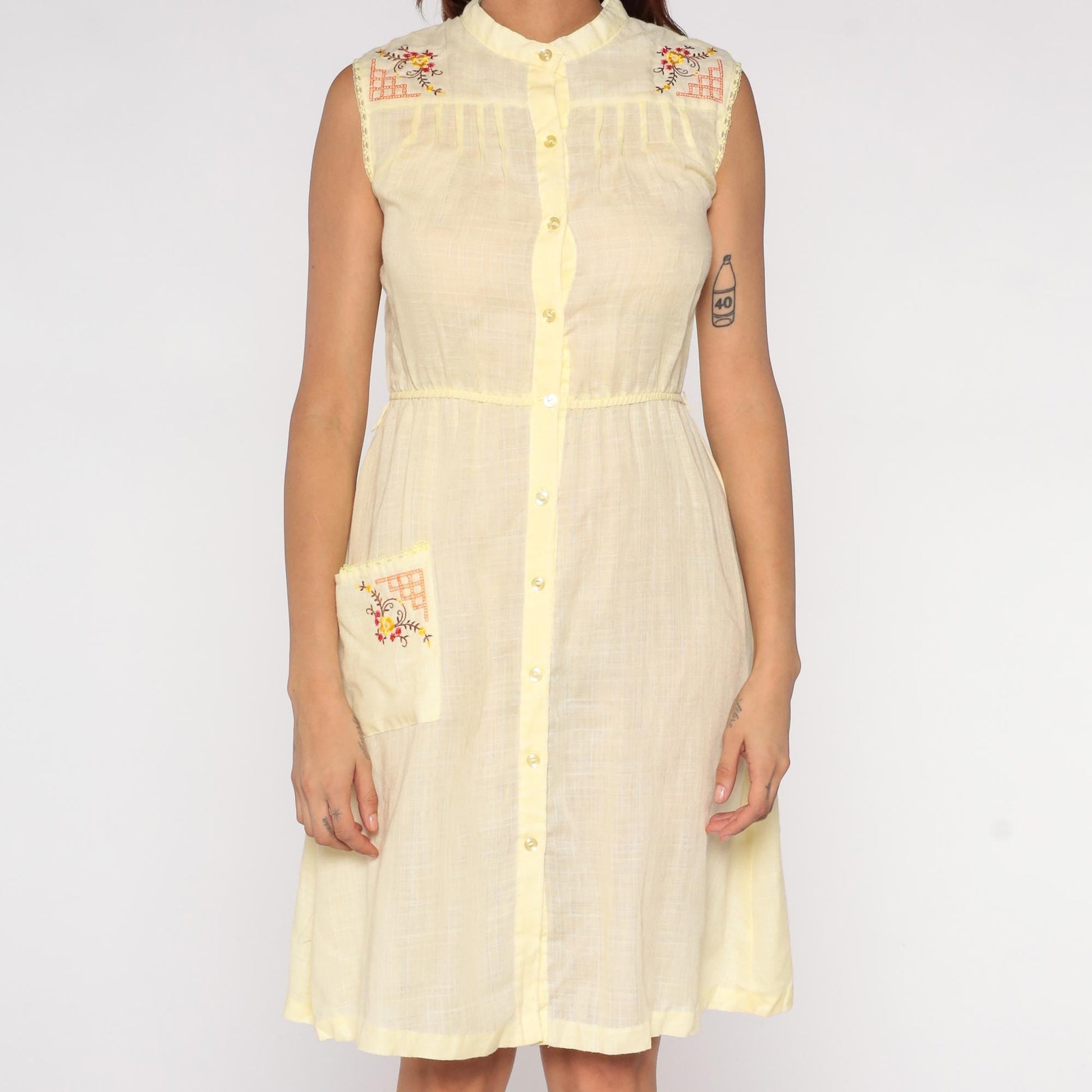 70s Sears Yellow Sleeveless Shirt Dress Floral Embroidery Small S