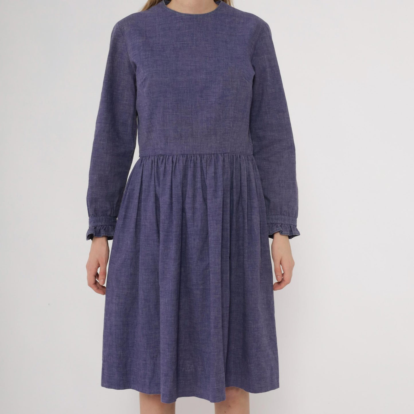 60s Purple Midi Dress Long Sleeve Gathered Waist A-Line Crew Neck Medium M