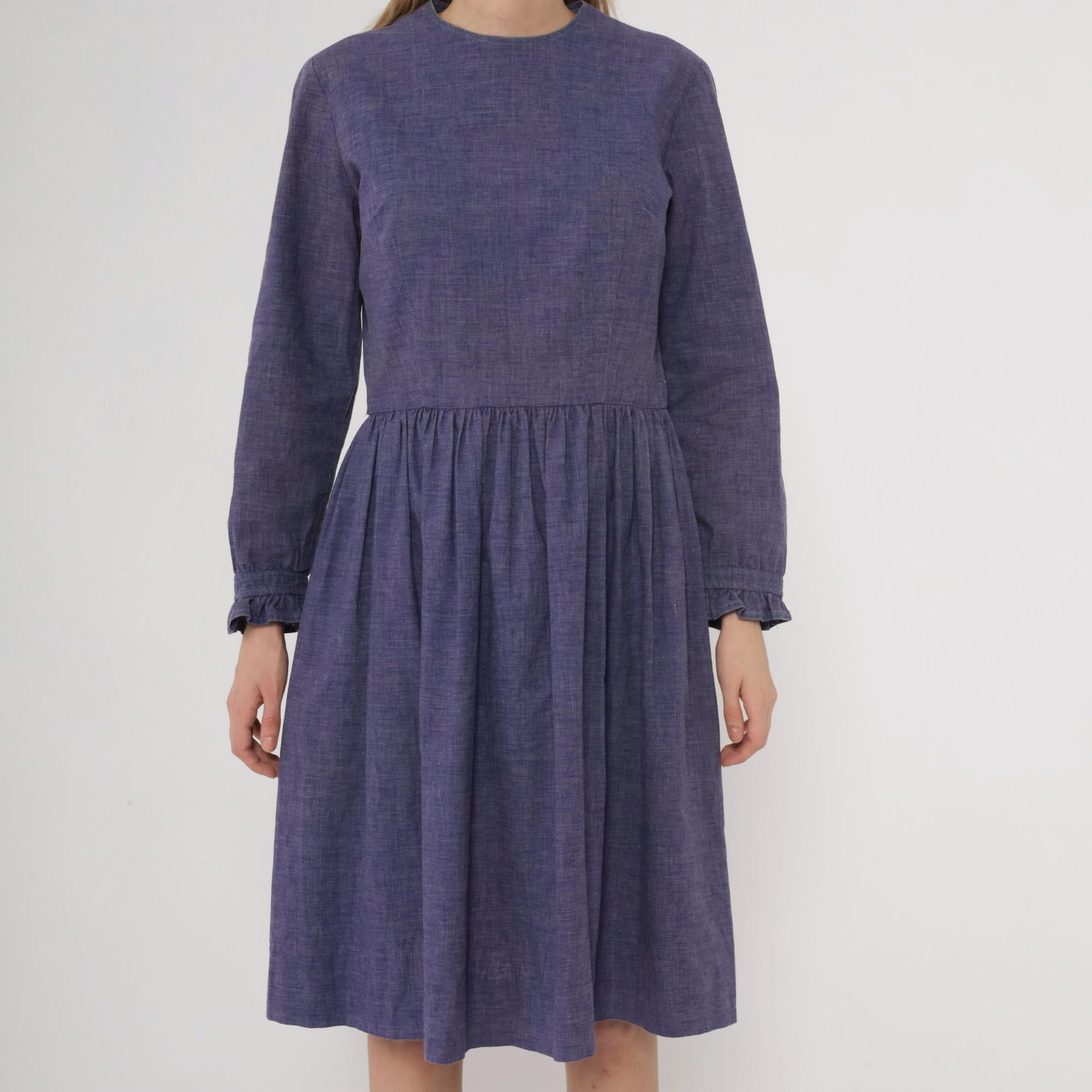 60s Purple Midi Dress Long Sleeve Gathered Waist A-Line Crew Neck Medium M