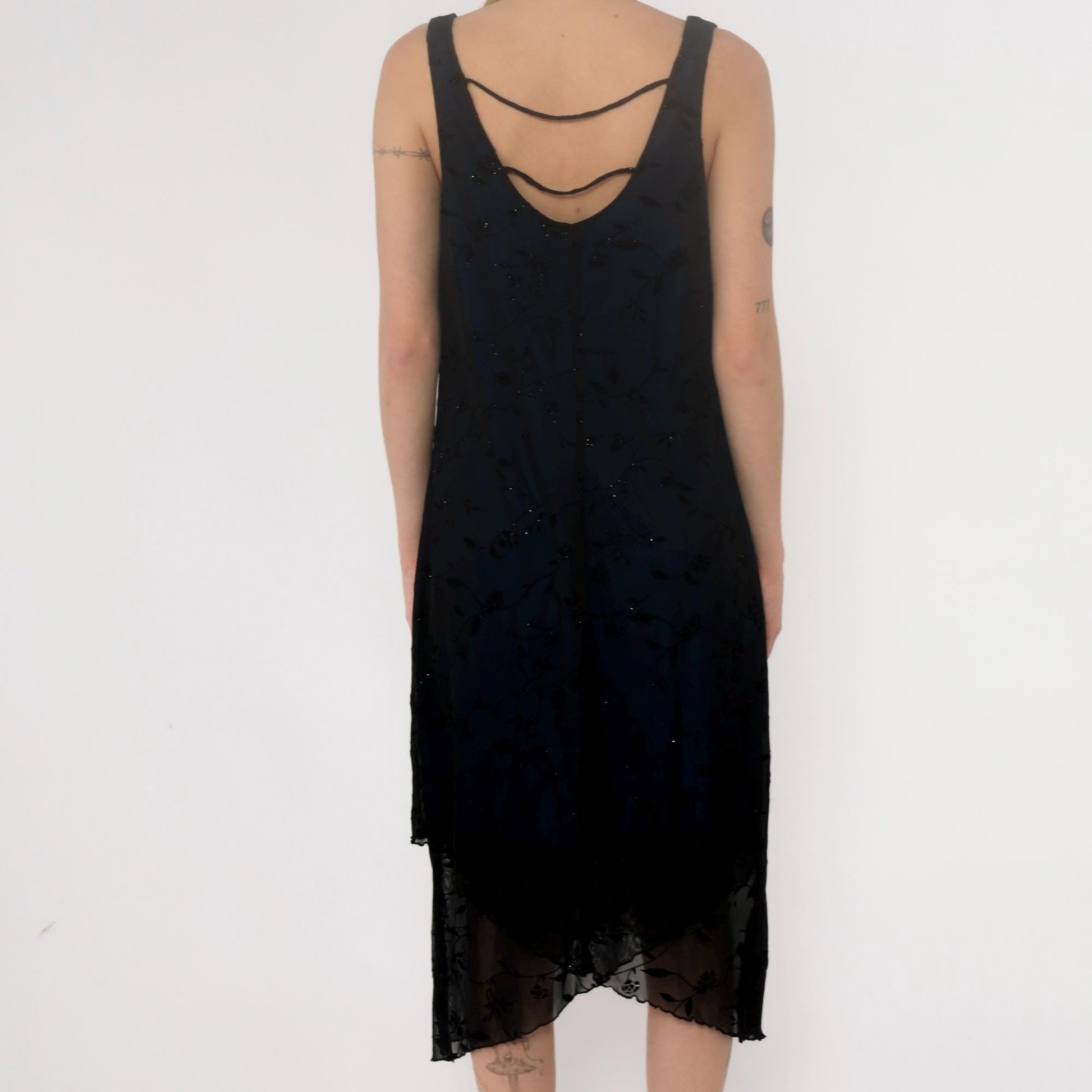 Y2K Black Slip Dress Sparkle Floral Cutout Back Strappy Large L