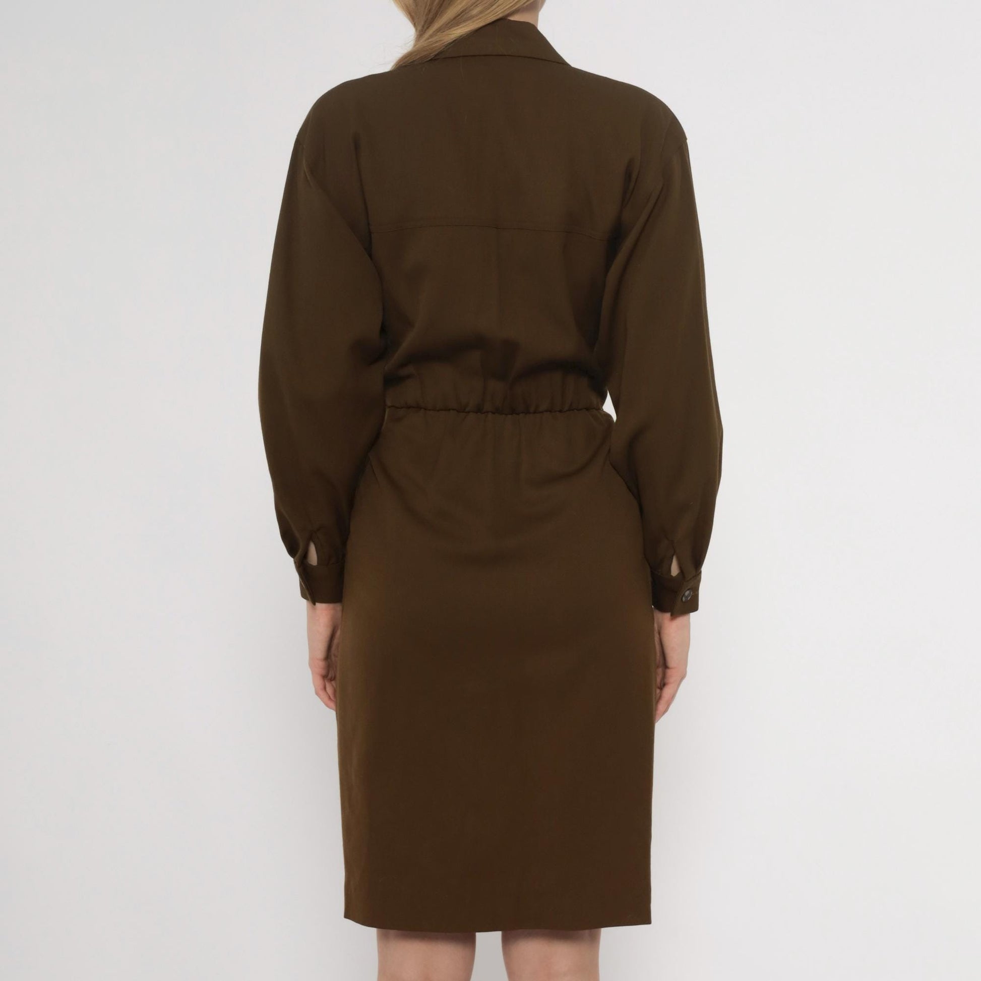 80s Bill Geoffreys Wool Shirt Dress Olive Brown Knee Length XS