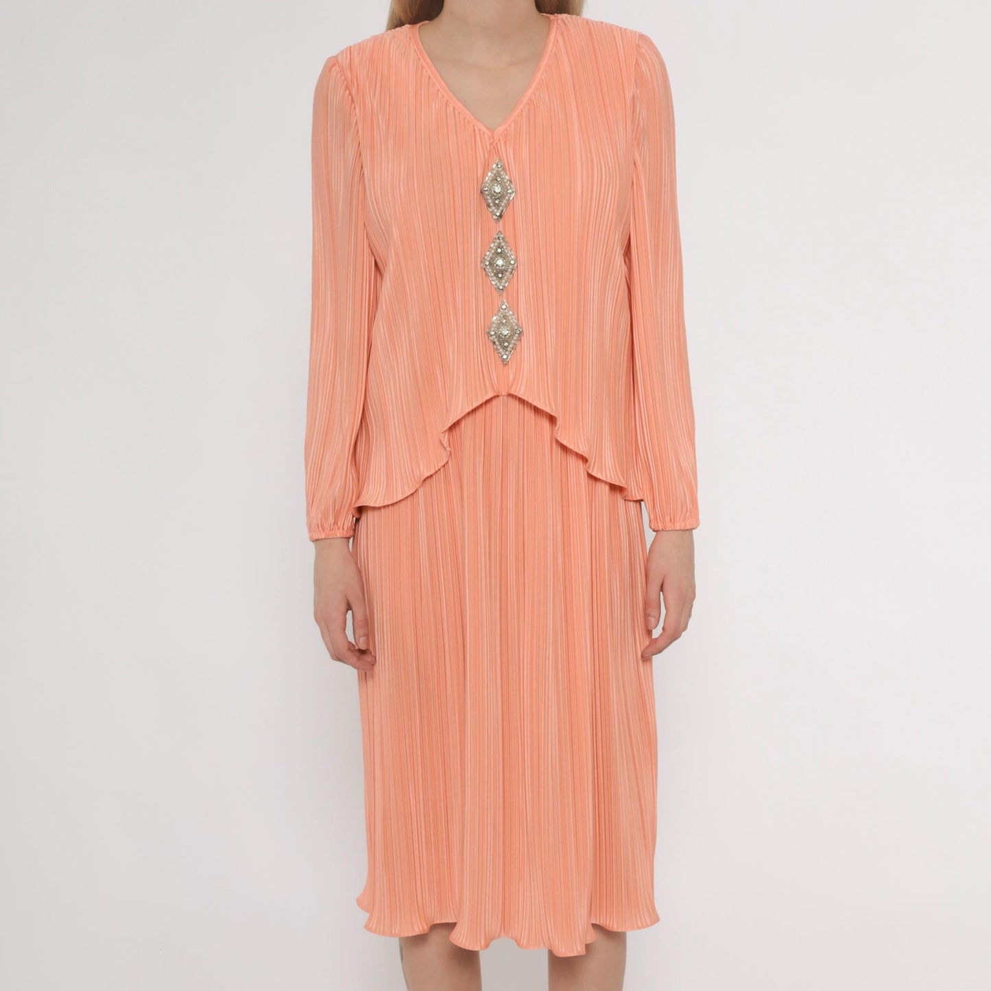 80s Carriage Court Peach Rhinestone Midi Dress Long Sleeve Pleated Large