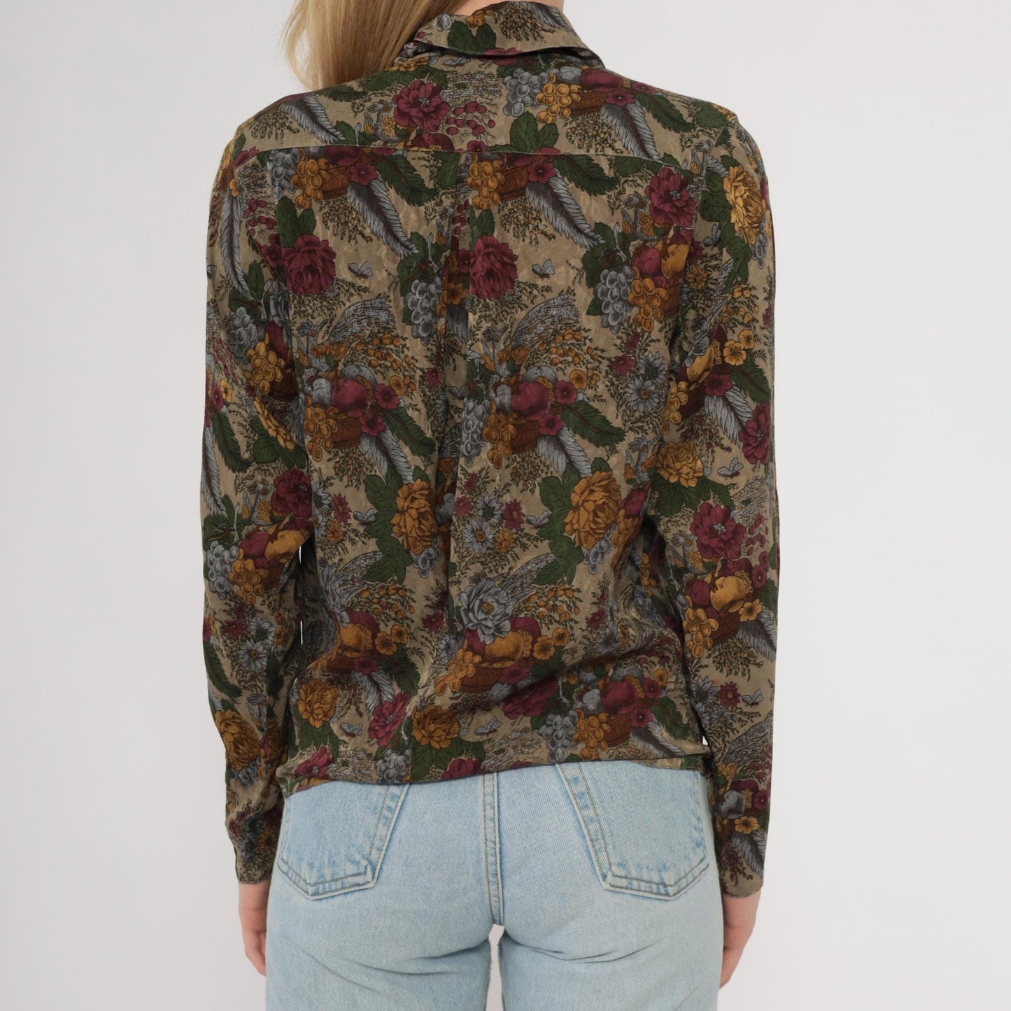 80s Michii Moon Silk Blouse Botanical Grape Print Burgundy Olive Medium