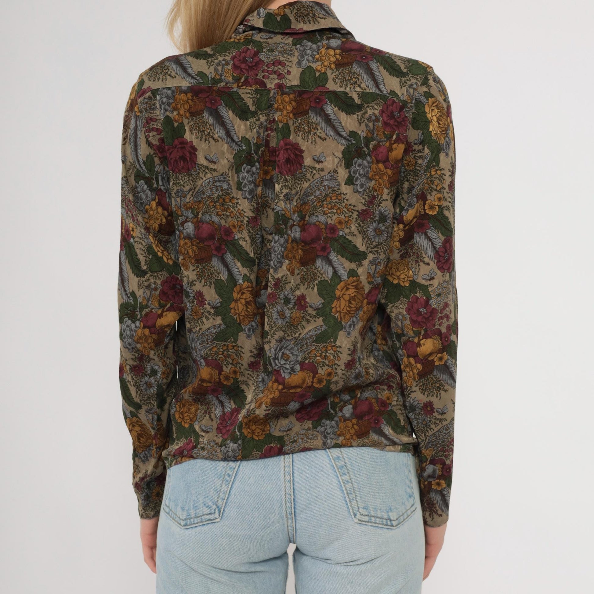 80s Michii Moon Silk Blouse Botanical Grape Print Burgundy Olive Medium