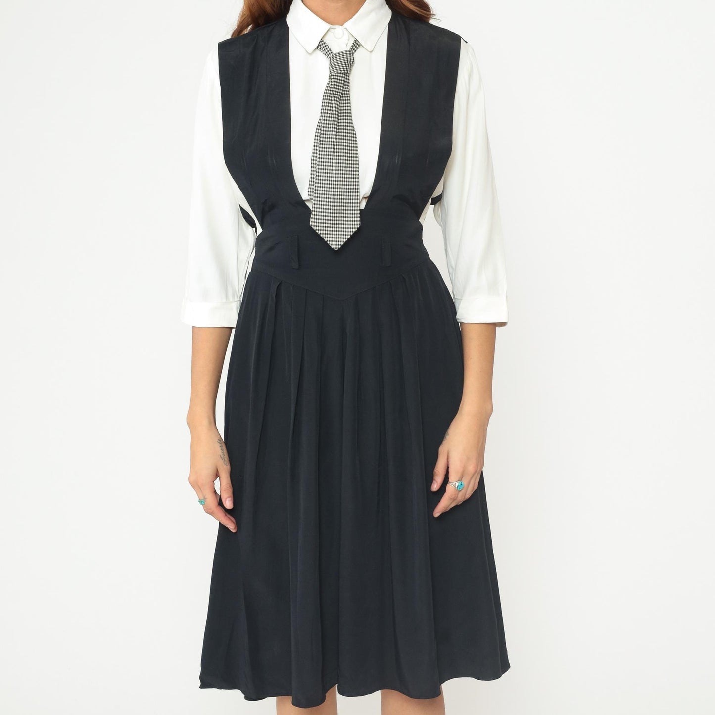 1990s Piccolino Petites Black Midi Jumper Dress Gingham Tie Attached Shirt XS