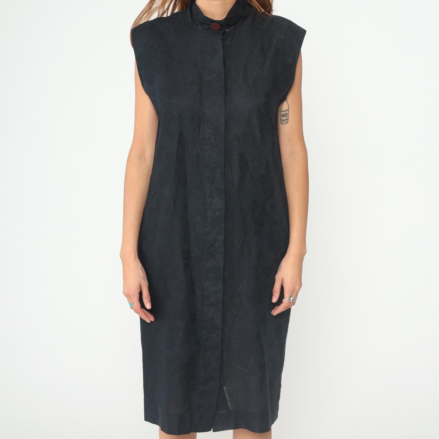 90s Albert Nipon Black Linen Mandarin Collar Midi Dress Large L