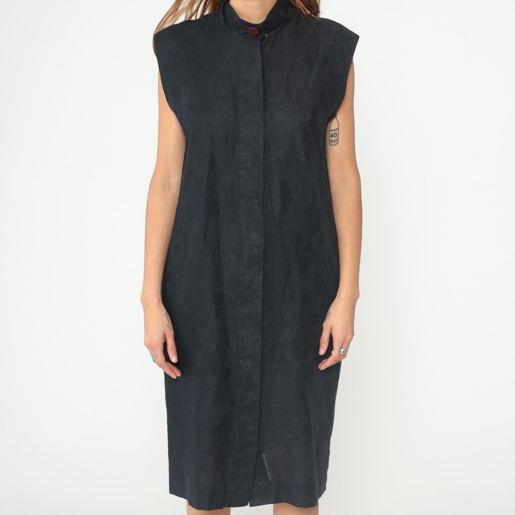 90s Albert Nipon Black Linen Mandarin Collar Midi Dress Large L