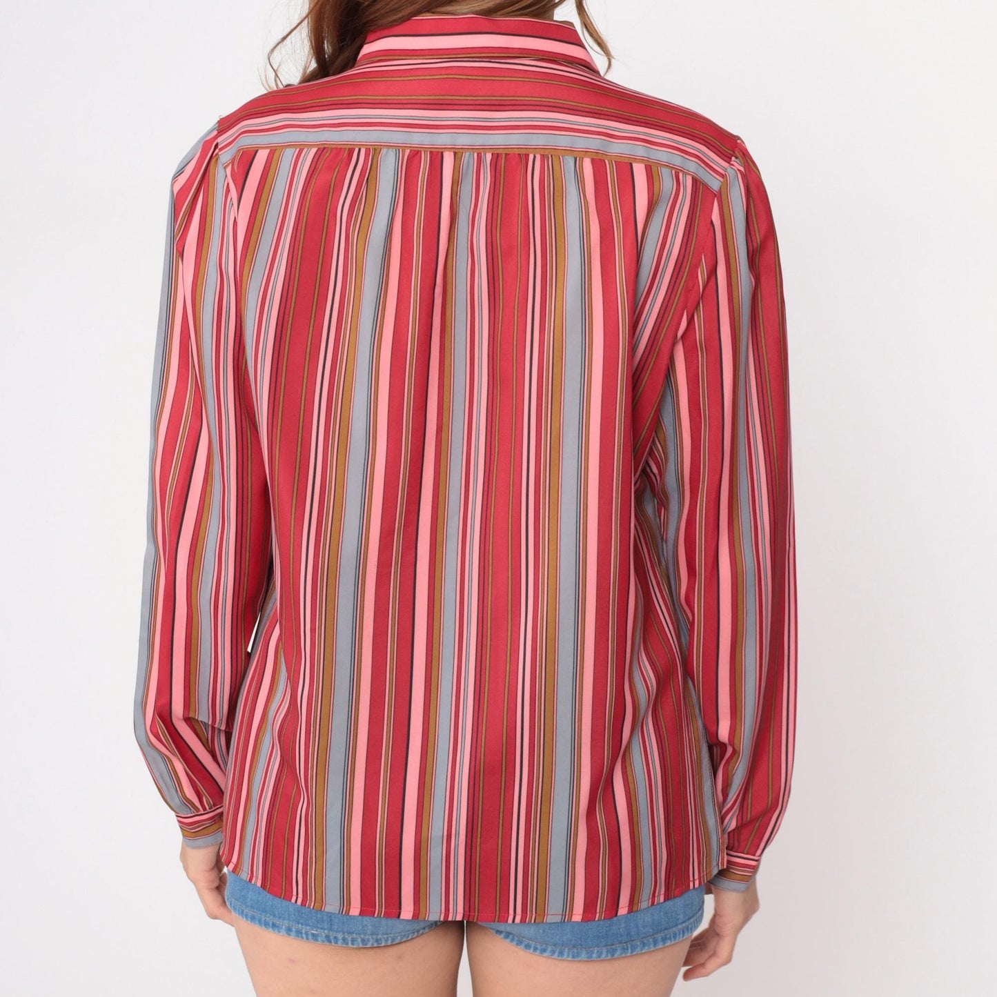 70s Pykettes Striped Button-Front Blouse Multicolor Vertical Stripes Large L