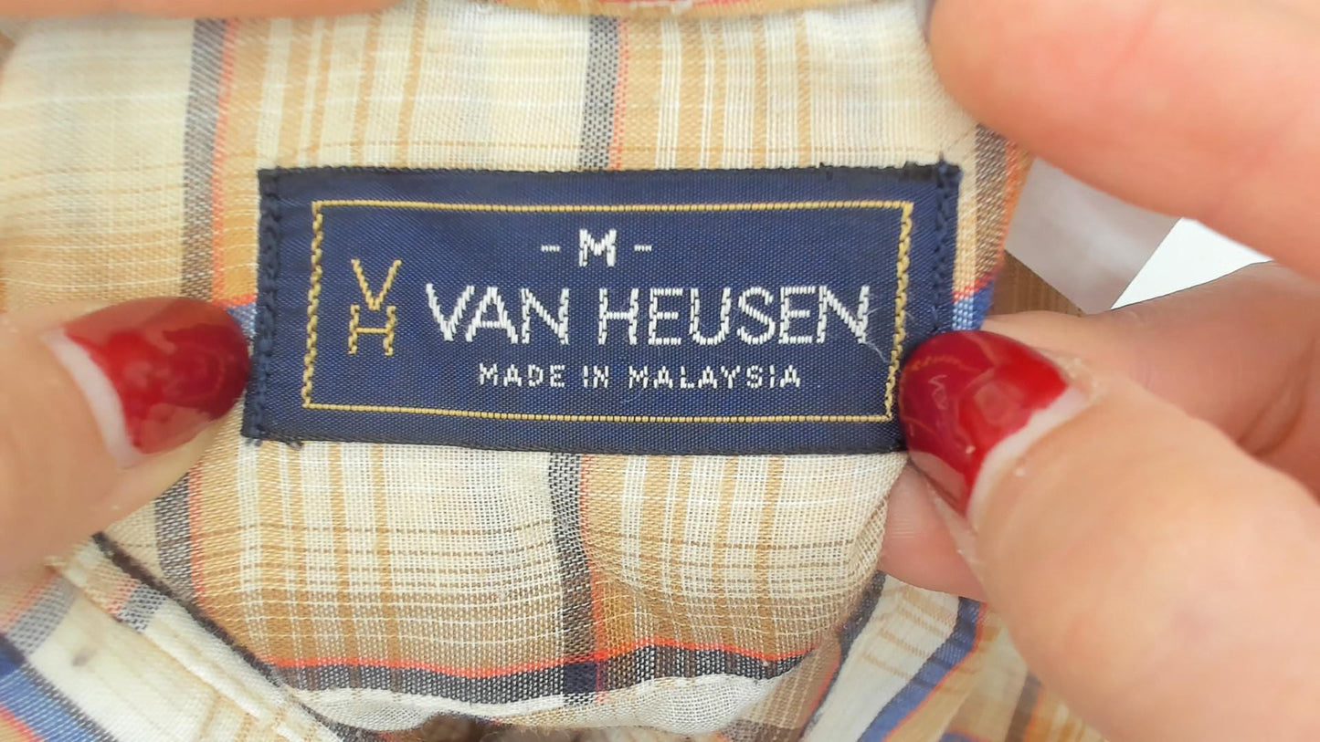 80s Van Heusen Plaid Button-Up Shirt Beige Brown Blue Check Medium