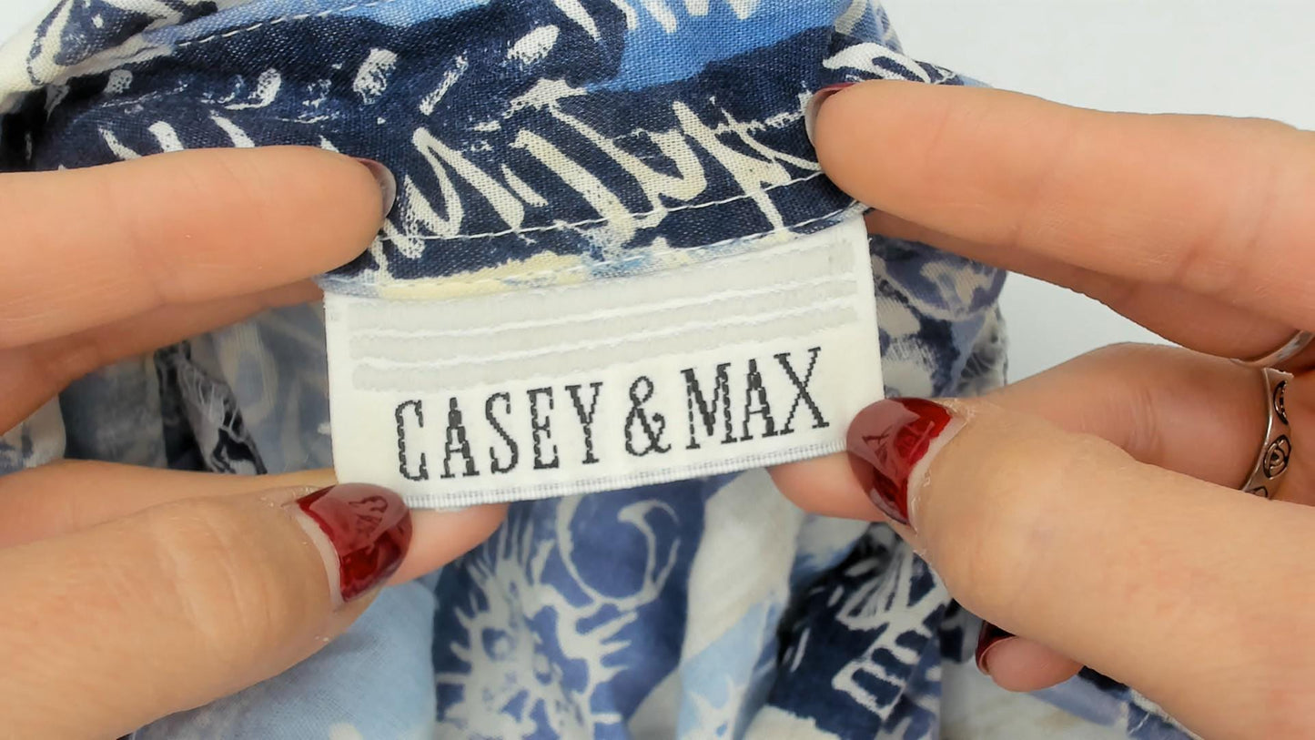 90s Casey & Max Blue Patchwork Shirt Geometric Floral Abstract Print Medium