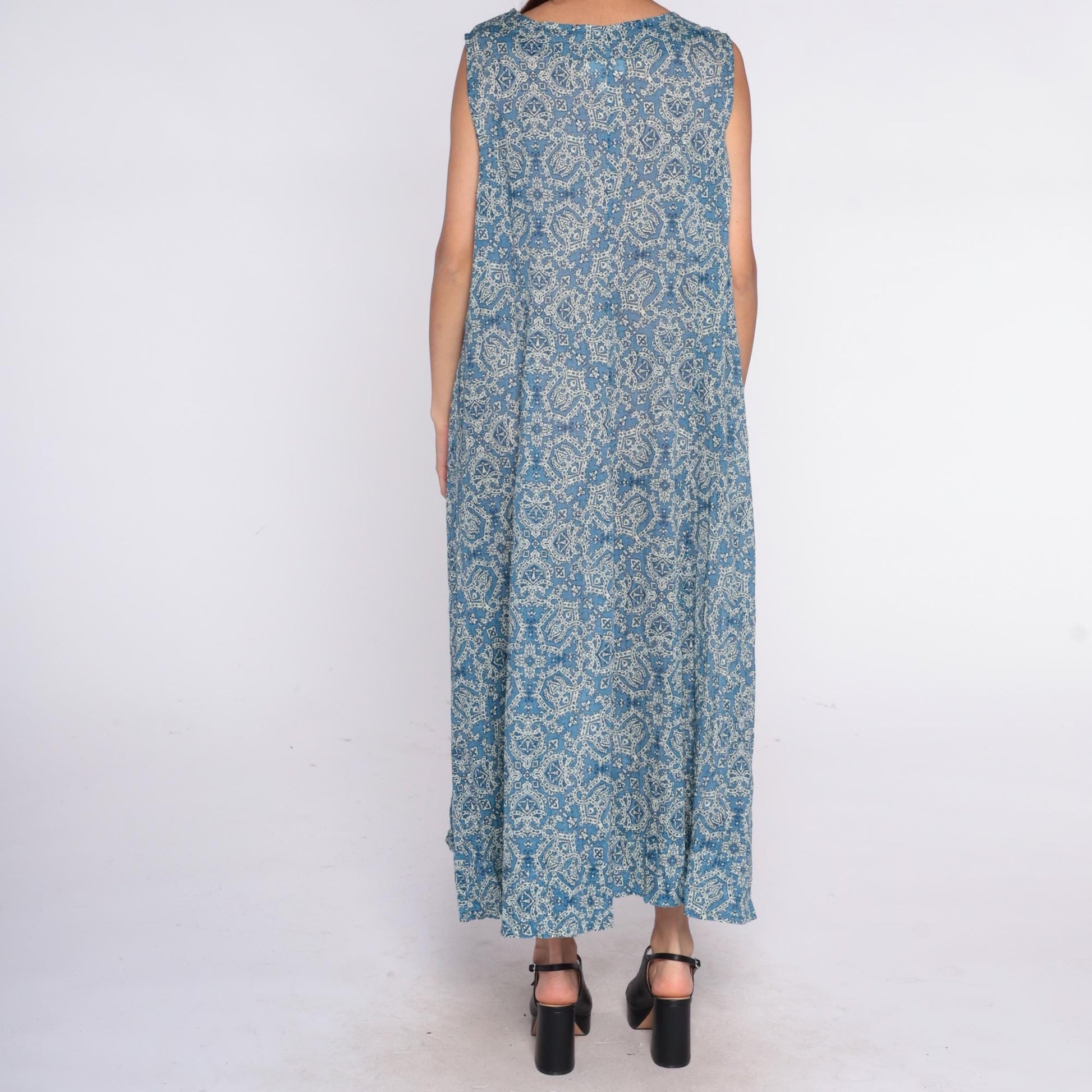 Y2K Coldwater Creek Blue Paisley Maxi Dress Plus Size Cotton V-Neck Sleeveless Extra Extra Large XXL