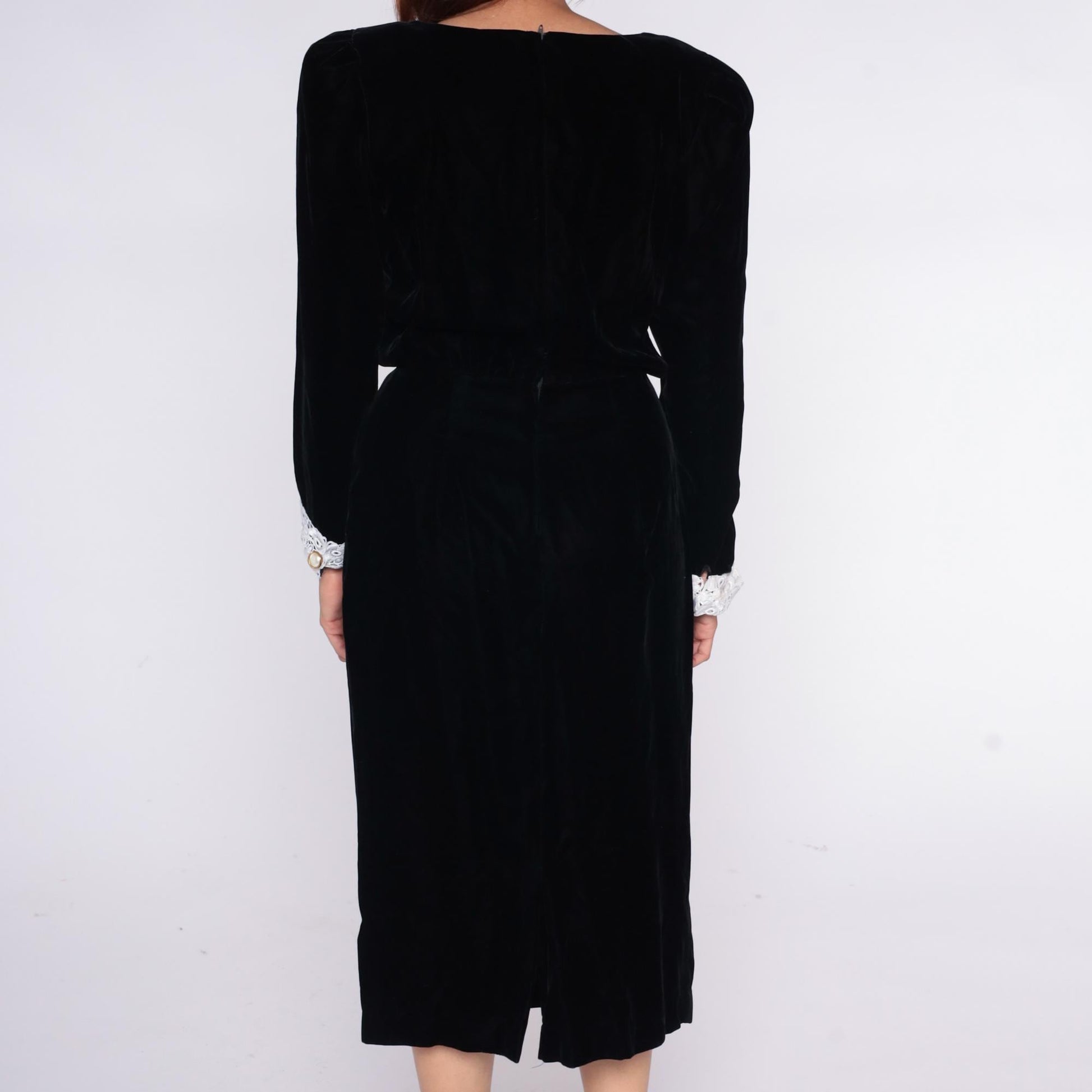 90s Black Velvet Dress White Lace Cuffs Round Neck Midi Small