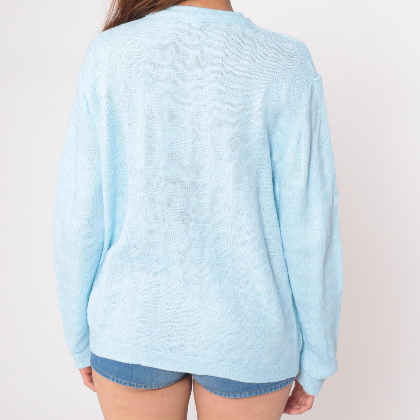 80s Pale Blue Cable Knit Cardigan Button Front Long Sleeve Large L