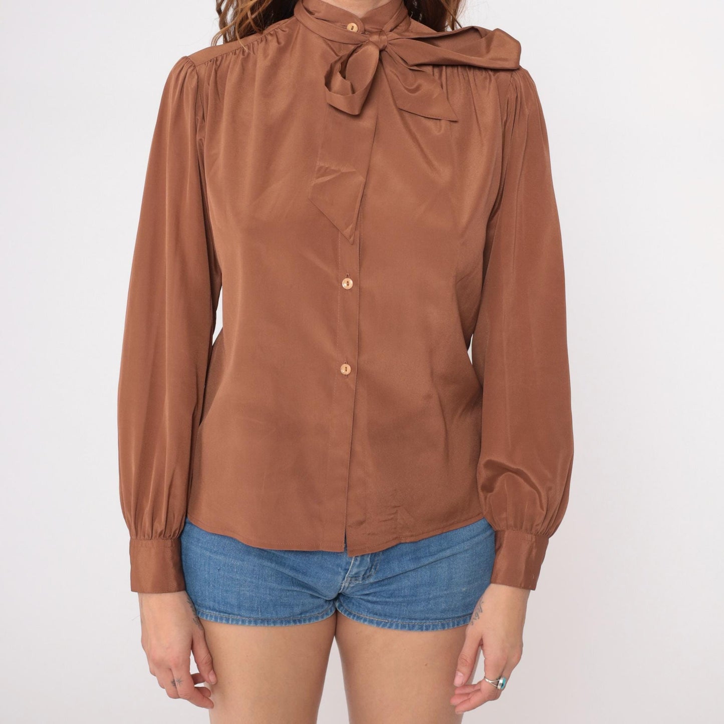 80s Brown Pussy Bow Blouse Long Sleeve Button Front Office Shirt Medium