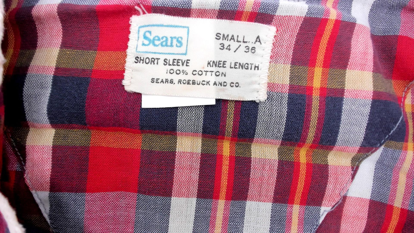 80s Sears Plaid Button-Down Shirt Red White Blue Cotton Small