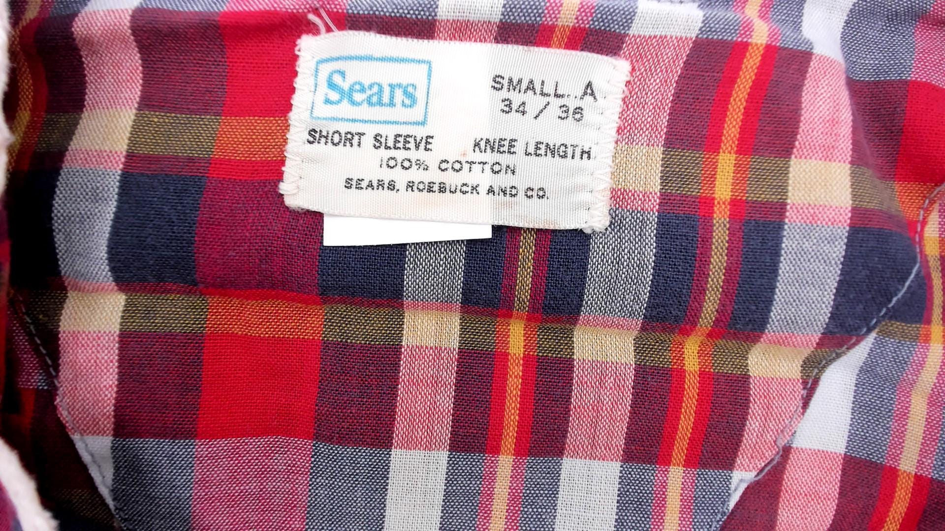 80s Sears Plaid Button-Down Shirt Red White Blue Cotton Small