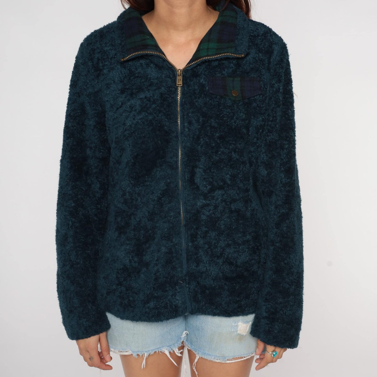 Pendleton Y2K Teal Fleece Jacket Plaid Collar Zip Large L