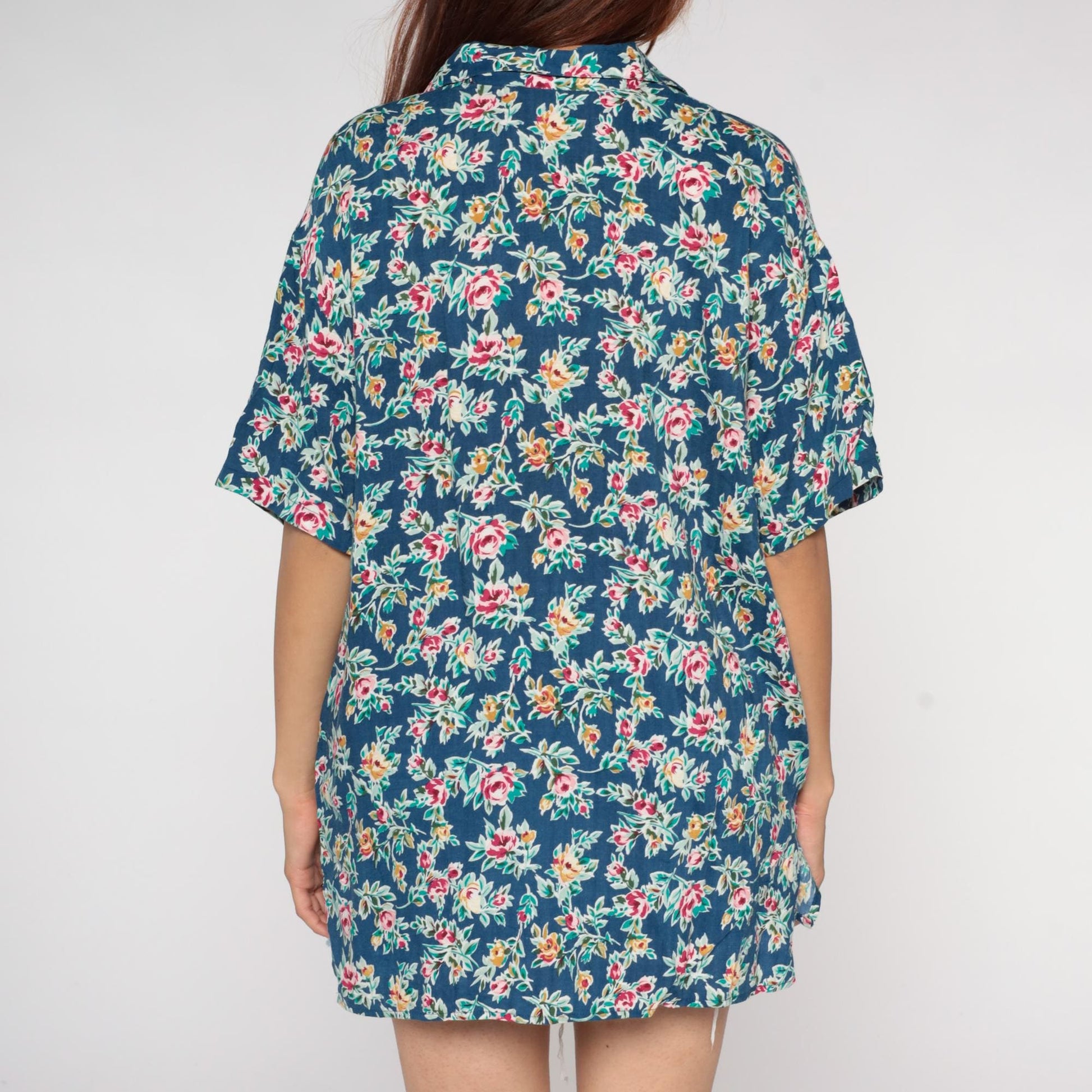 90s Partners Floral Button-Up Shirt Navy Rayon Pink Yellow Green Large L