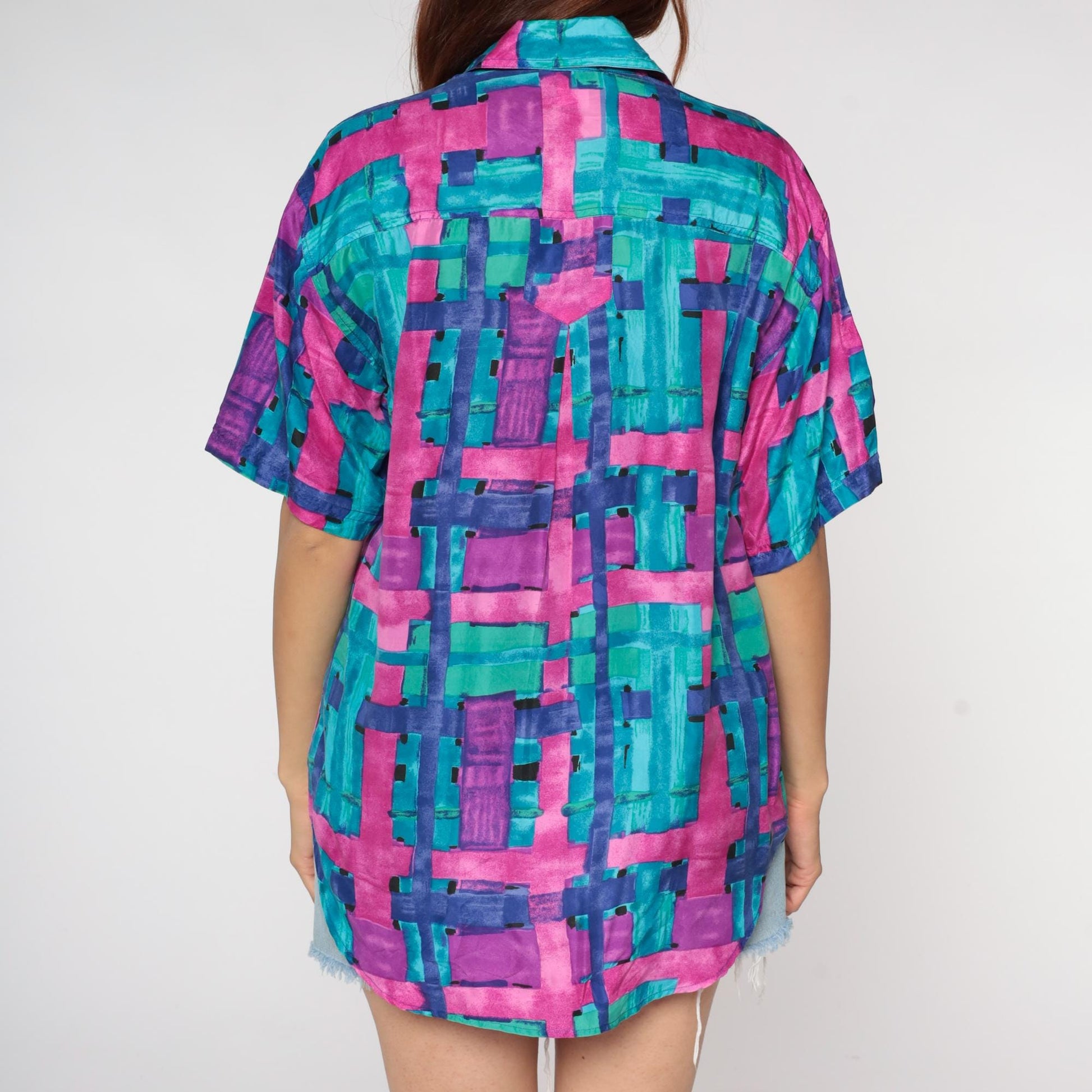 90s Silk Button Up Shirt Abstract Brushstroke Print Turquoise Pink Purple Small