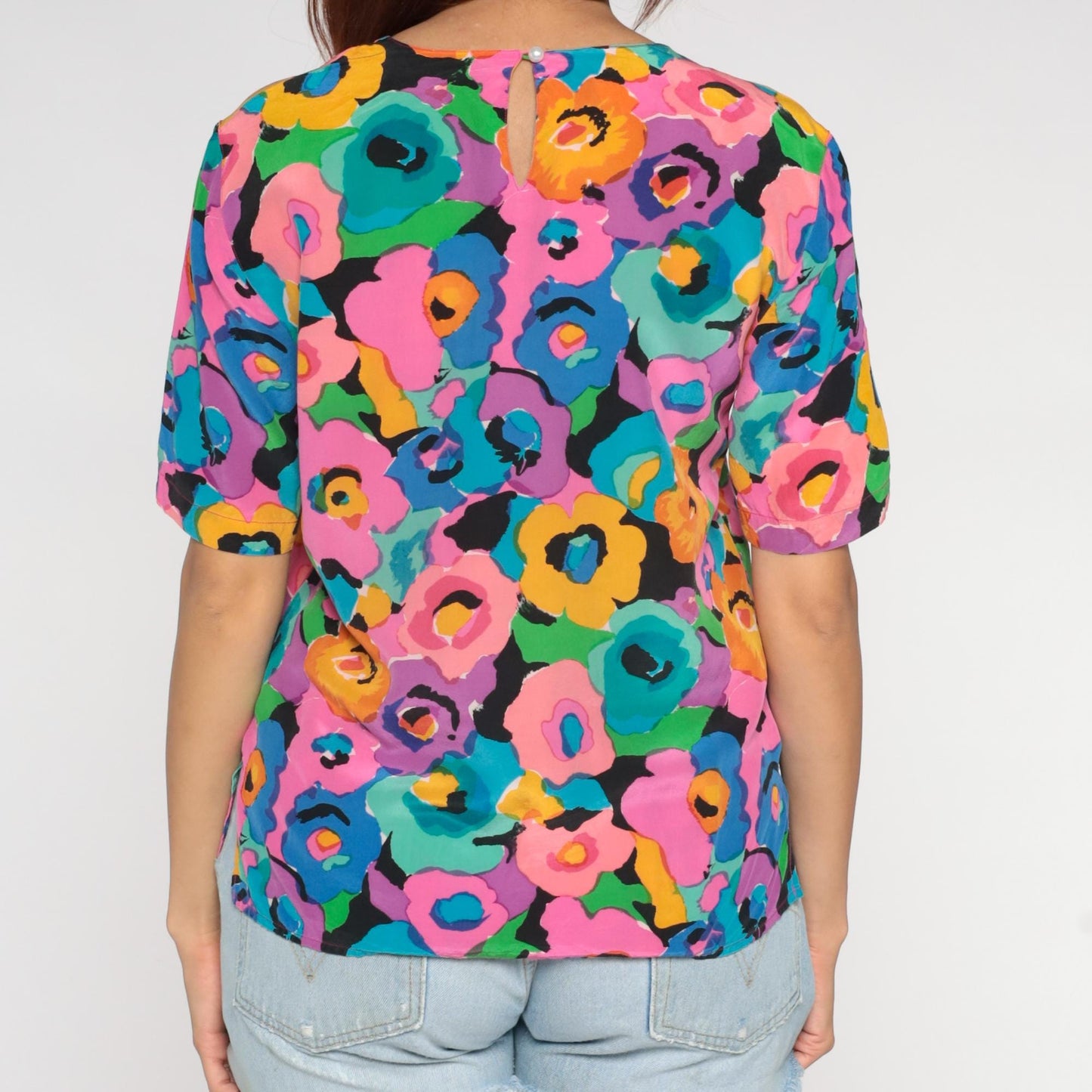 90s Spencer Jeremy Silk Blouse Abstract Floral Print Multicolor Medium M