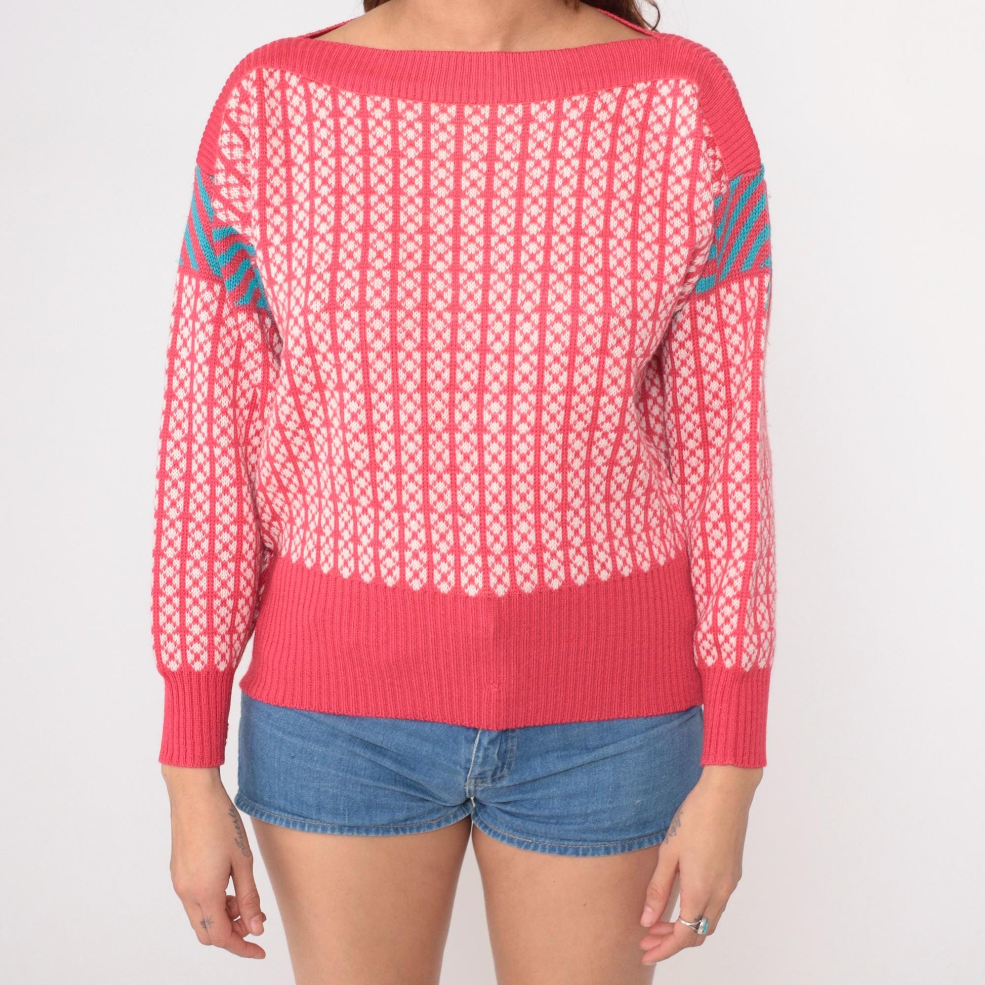 80s Demetre Wool Fair Isle Sweater Pink Geometric Boat Neck Medium M