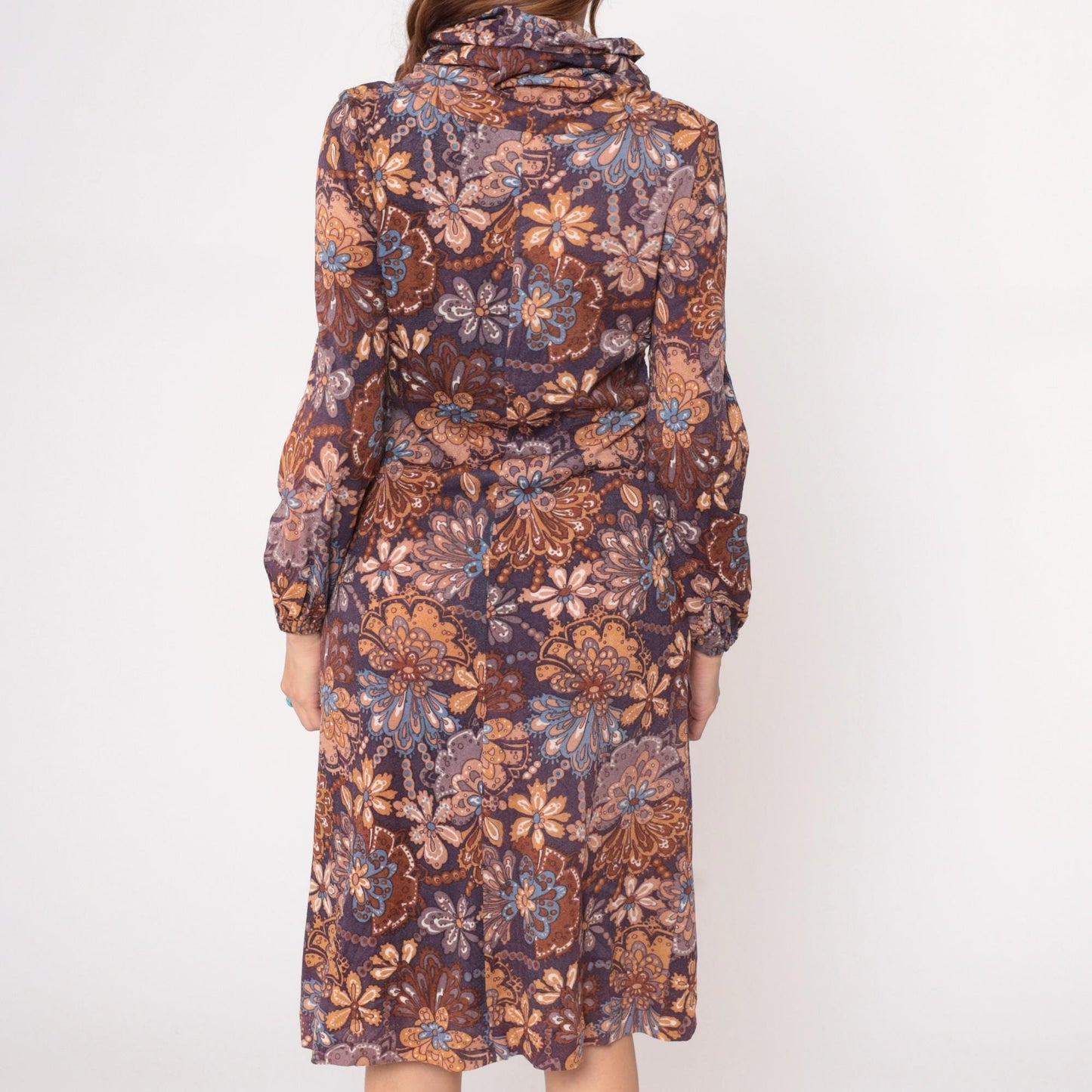 70s Brown Navy Paisley Floral Turtleneck Dress Knee-Length Small