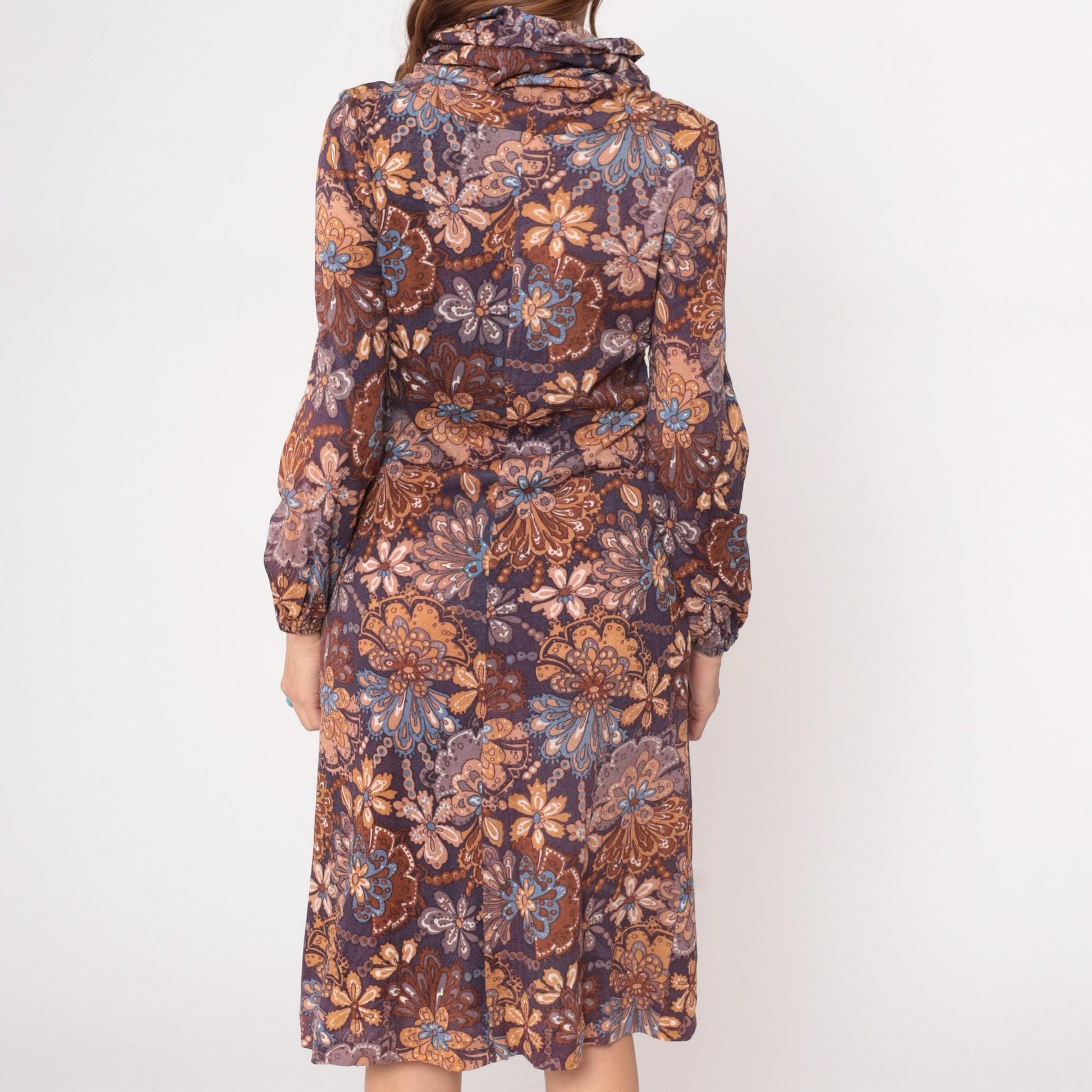 70s Brown Navy Paisley Floral Turtleneck Dress Knee-Length Small