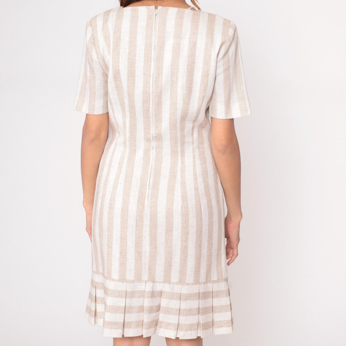 80s Jessica Howard Striped Dress Square Neckline Pleated Knee-Length Beige Medium