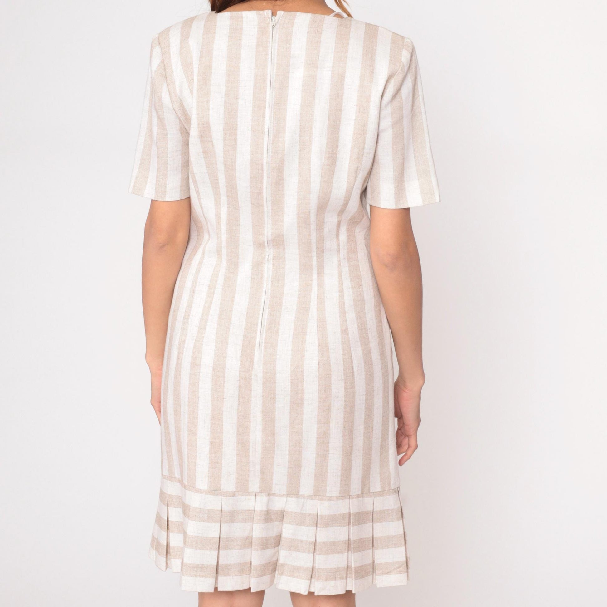 80s Jessica Howard Striped Dress Square Neckline Pleated Knee-Length Beige Medium