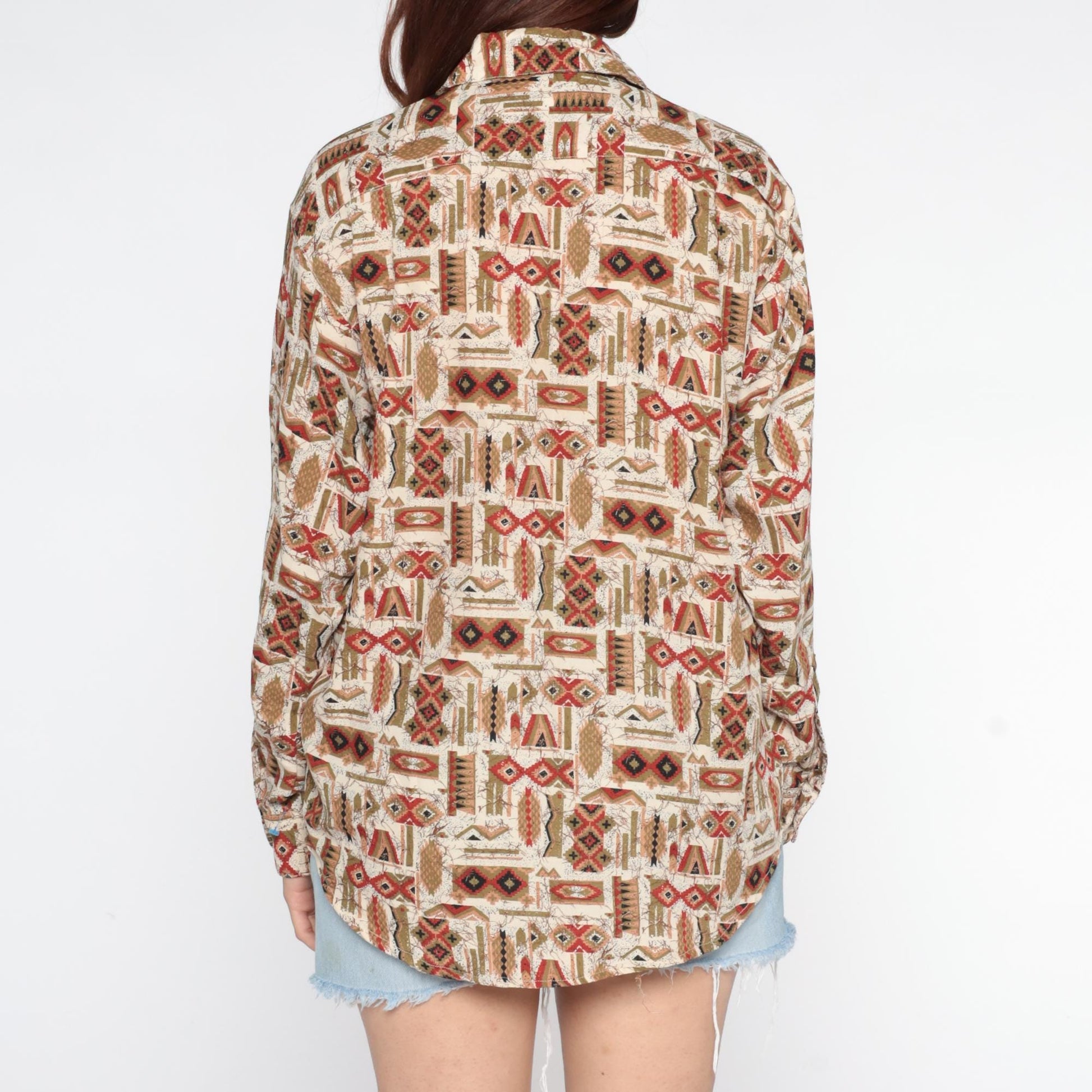 90s Tribal Geometric Button-Up Shirt Cream Rust Red Navy Olive Small