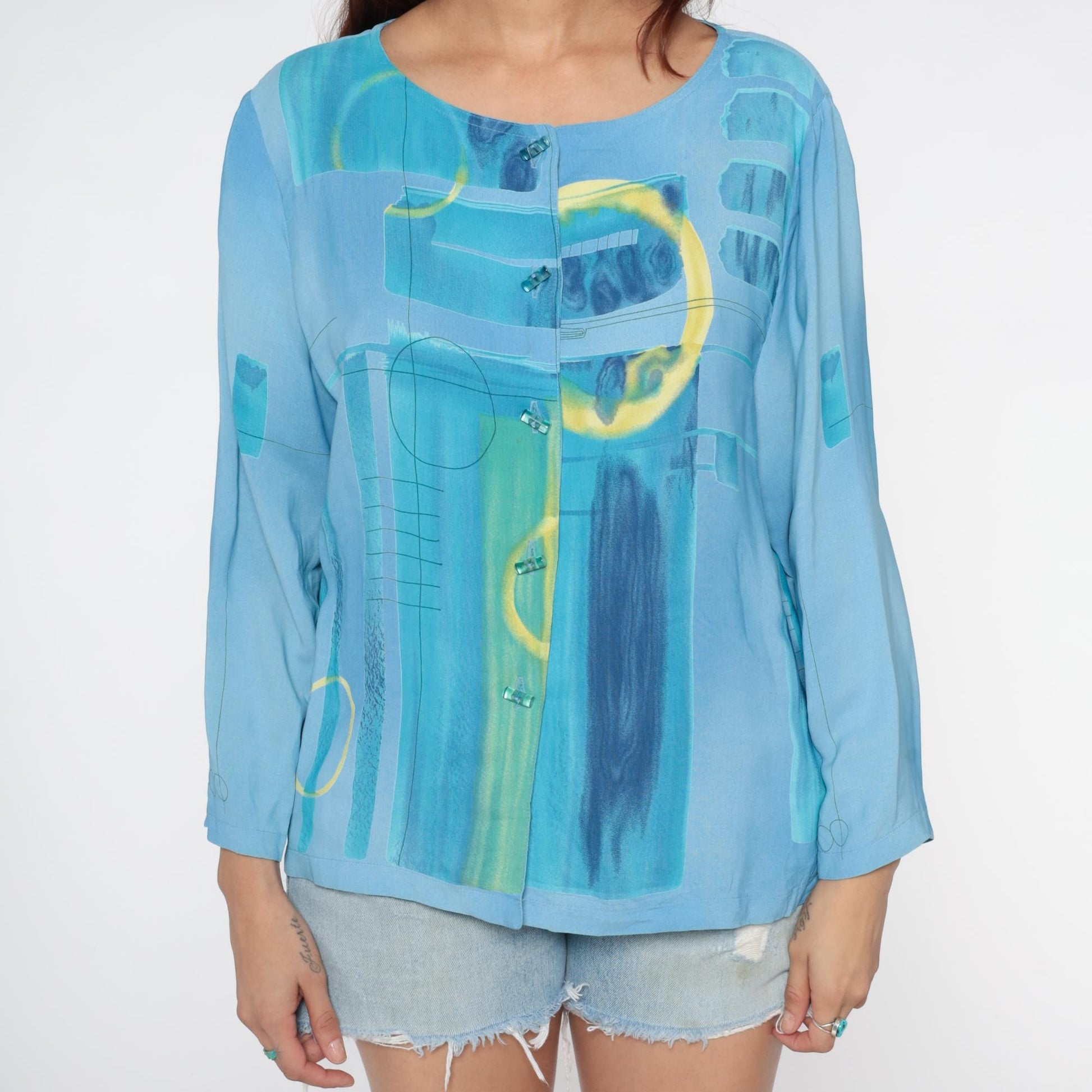 90s Nino Wong Geometric Watercolor Button Blouse Blue Rayon Medium M