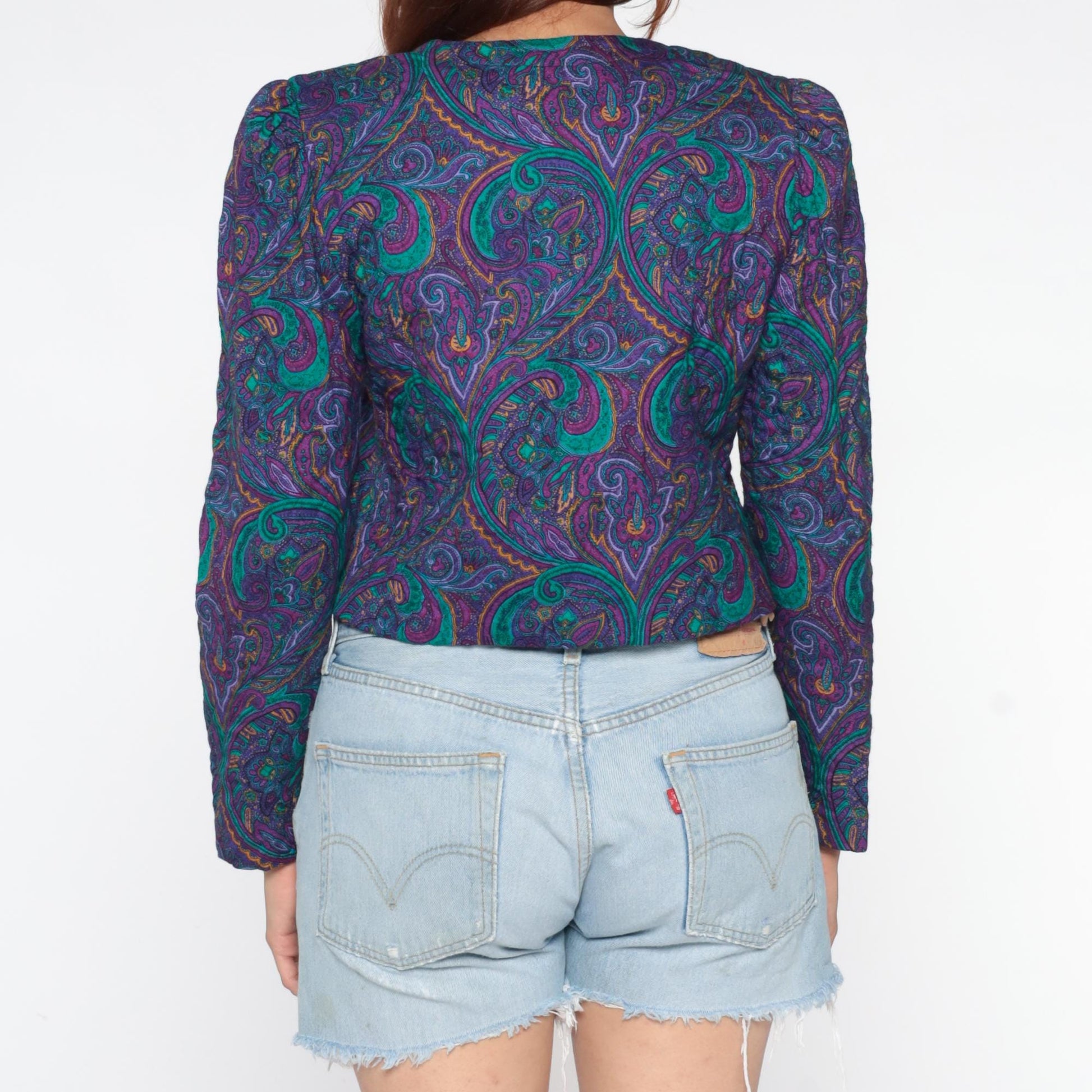 90s Jeffrey & Dare Purple Paisley Quilted Cropped Jacket Medium