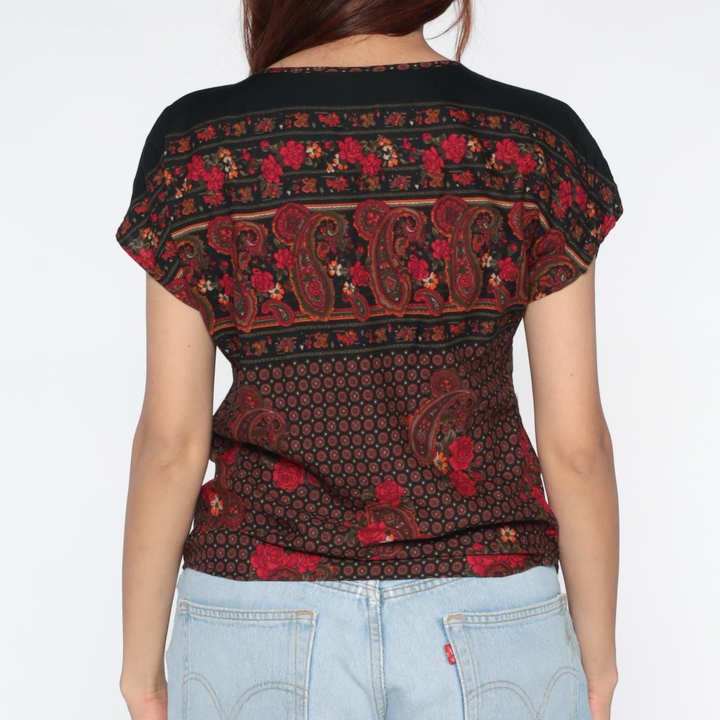 90s Paisley Floral Short Sleeve Blouse Black Burgundy Red Small S